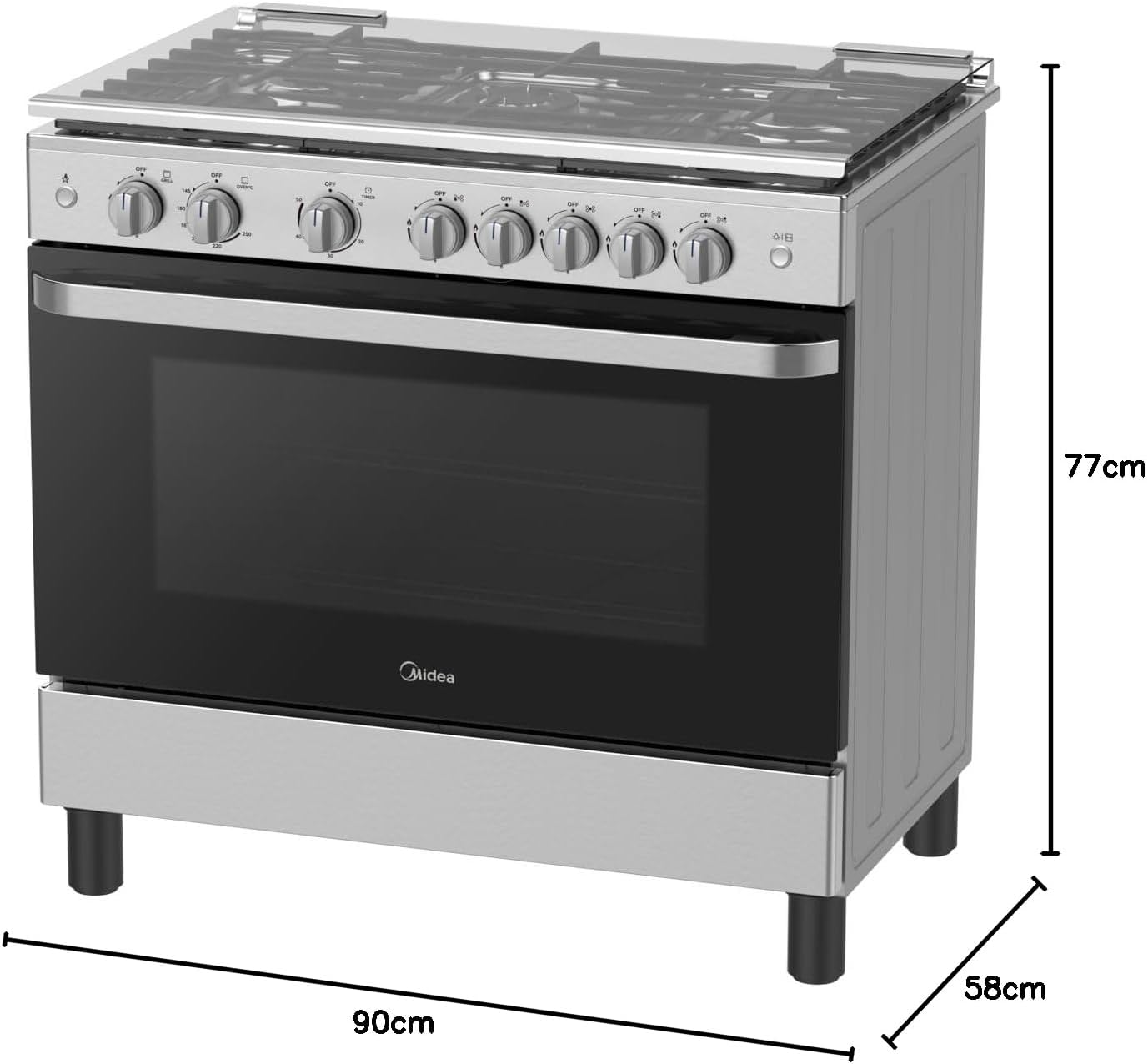 Midea 90x60cm Freestanding Cooker, Full Gas Cooking Range with 5 Burners, Automatic Ignition & Full Safety, Cast Iron Pan Support, Stainless Steel Finish, Separate Knob for Oven & Grill MFO-MG36LE-SS