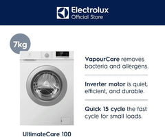 Electrolux 7KG Freestanding Washing Machine, 15 Programs, Fully Automatic, 5 Star Energy Efficiency, BLDC Inverter Motor, 1200RPM, LED Indicator, Hygiene Care & Tub Clean, EWF7028M6WA, White