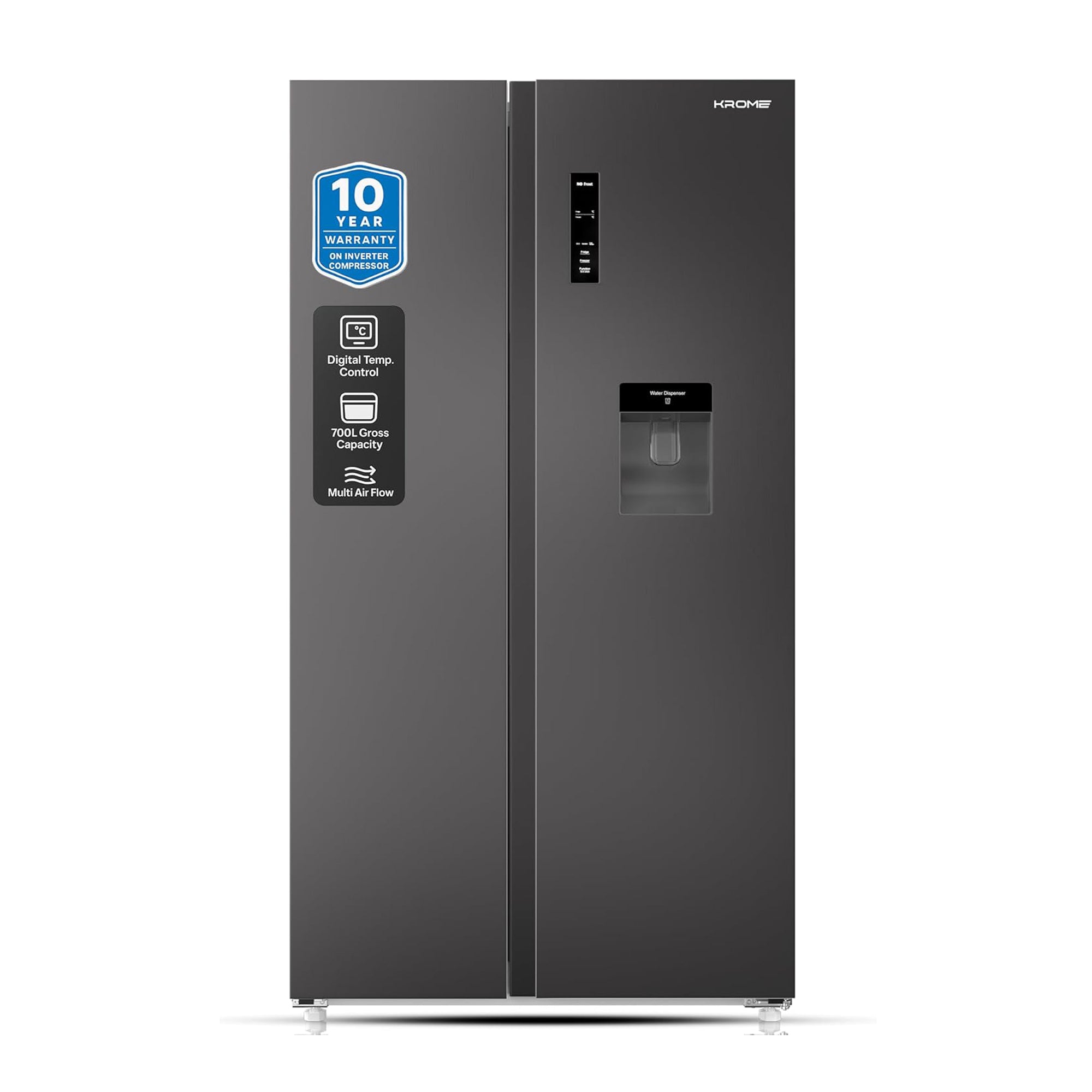 Krome Side-by-Side Refrigerator 700L – Inverter Compressor No Frost Water Dispenser KR-SBS 700WIM (Black / Inox)