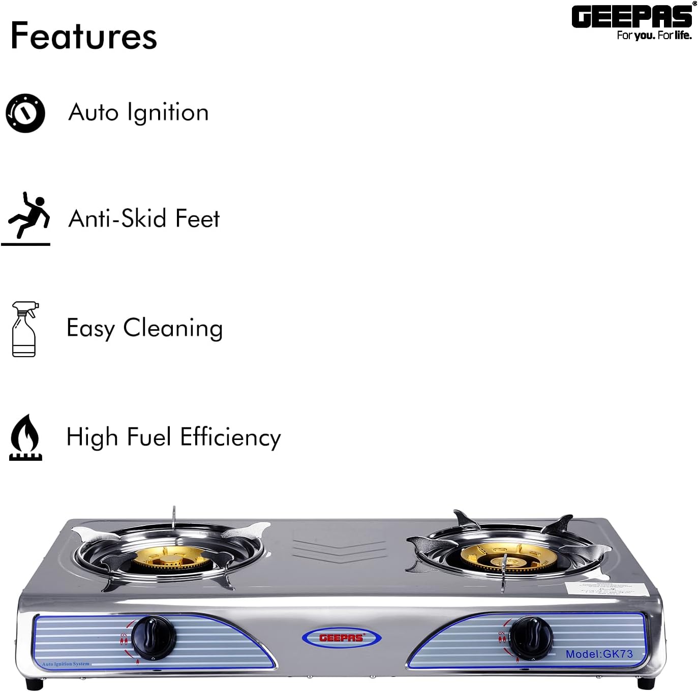 Geepas GK73 Stainless Steel Gas Stove Burner - 2 Burner Hob, Auto Ignition, Robust Build, High fuel-efficiency, Anti-Skid Feet, Easy to Clean