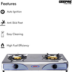 Geepas GK73 Stainless Steel Gas Stove Burner - 2 Burner Hob, Auto Ignition, Robust Build, High fuel-efficiency, Anti-Skid Feet, Easy to Clean