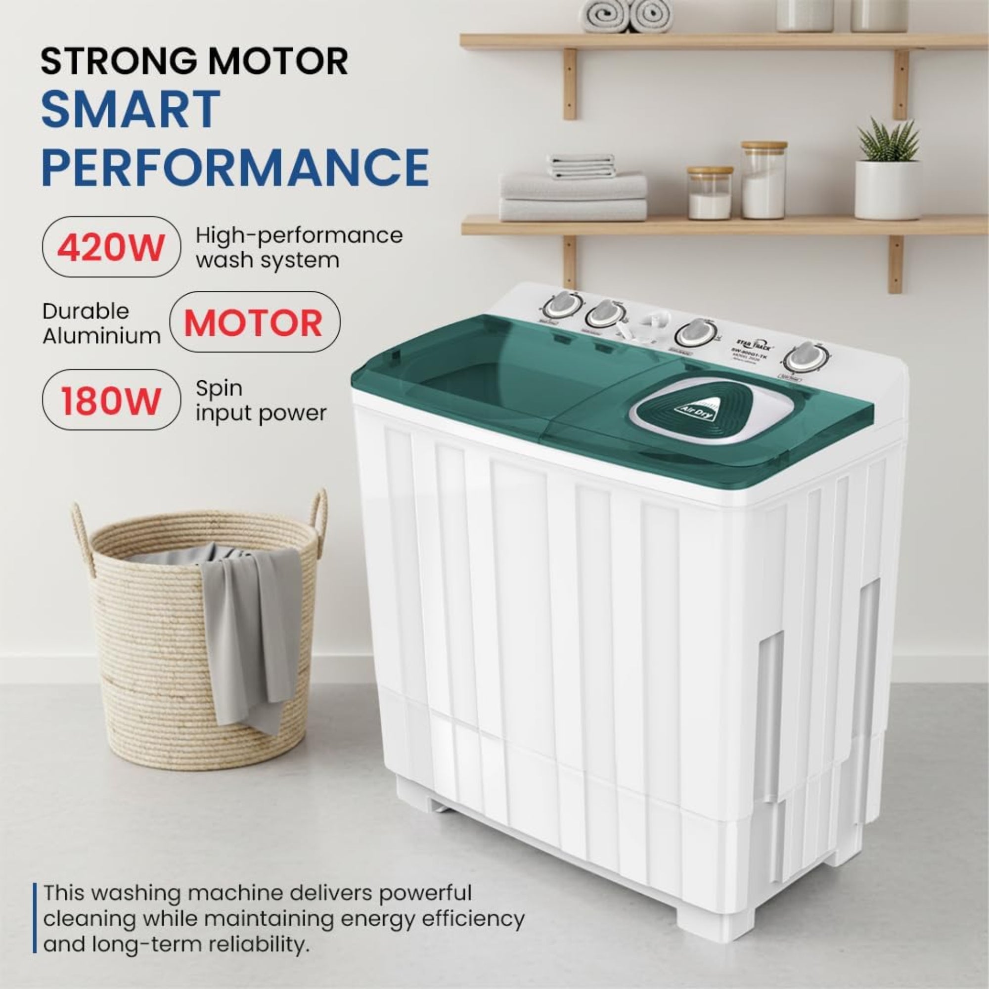 Star Track 9KG Twin Tub Semi-Automatic Washing Machine with Spin Dryer & Transparent Lid – SW-900G1TK (WHITE)