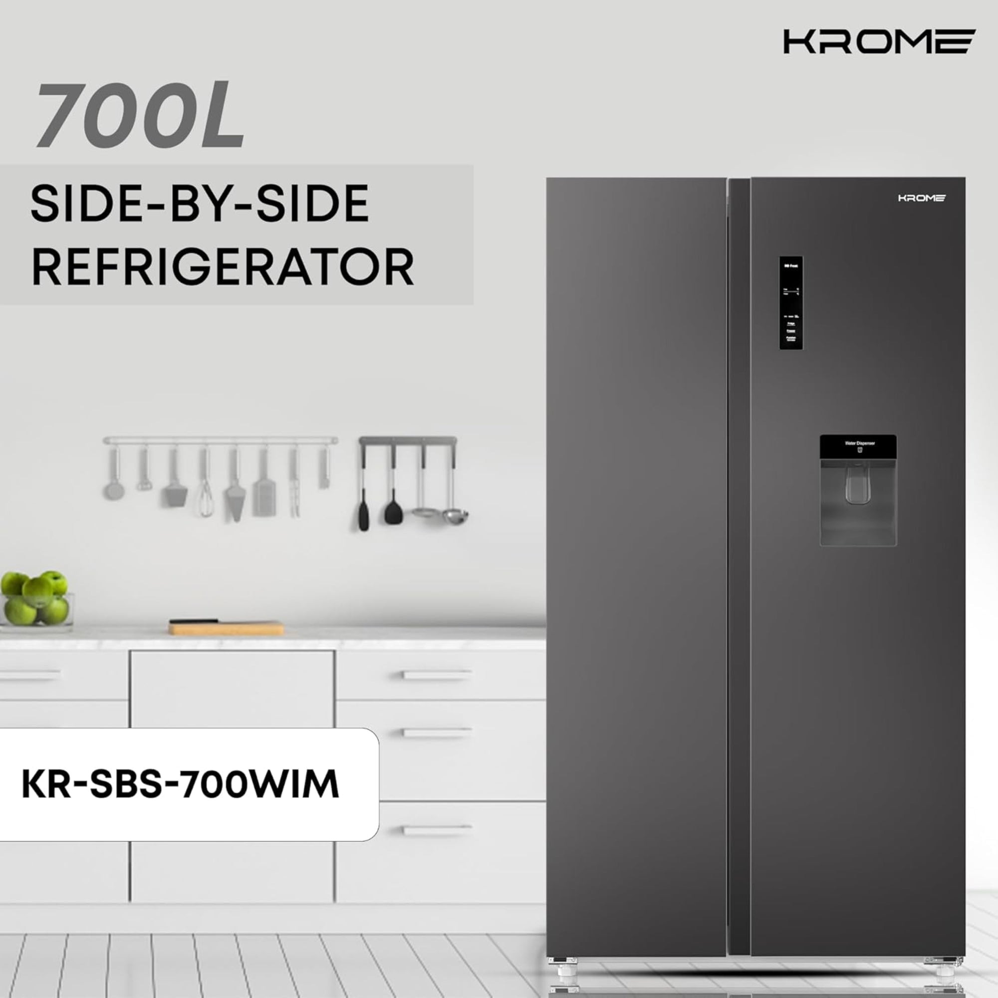 Krome Side-by-Side Refrigerator 700L – Inverter Compressor No Frost Water Dispenser KR-SBS 700WIM (Black / Inox)