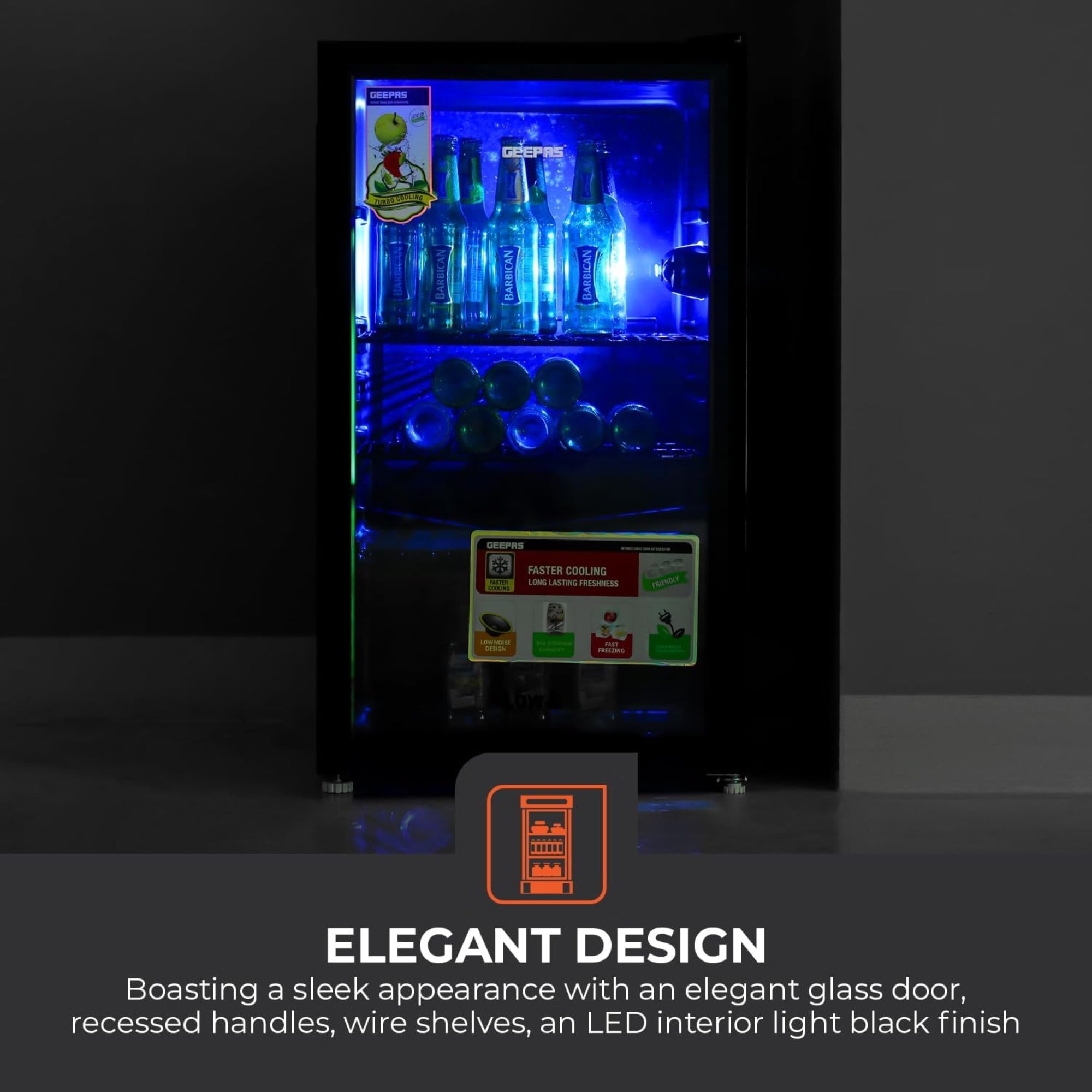 Geepas Showcase Chiller 120L – Quick Cooling Low-E Glass Door & Low Noise GSC1223B
