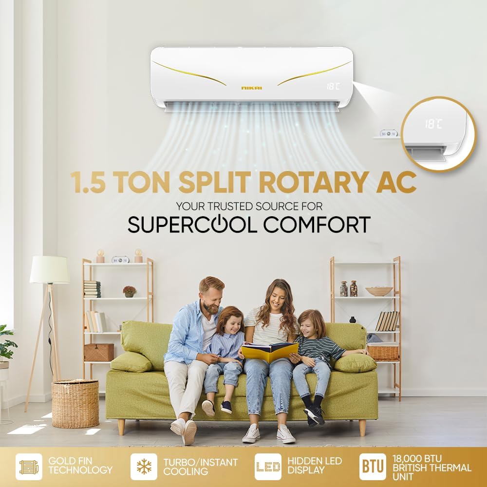 Nikai 1.5 Ton Rotary Split AC, Silent & Energy Efficient Cooling with T3 Tropicalized Compressor, 3D Swinging, Gold Fin technology, 18000 BTU Air Conditioner - NSAC18131N24A / N25IN