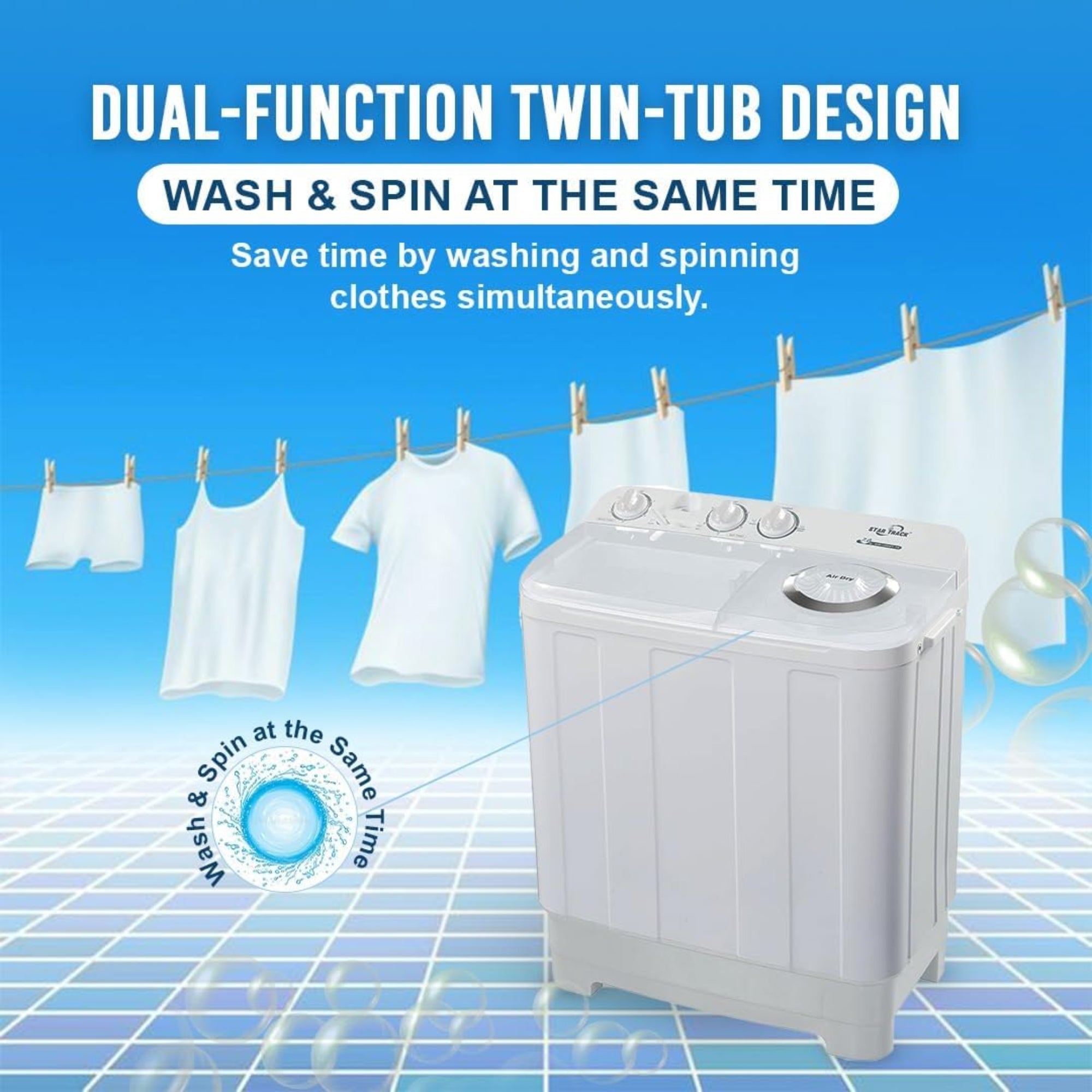 Star Track 7KG Twin Tub Semi-Automatic Washing Machine with Spin Dryer & Lint Filter – SW-700W1TK (WHITE)