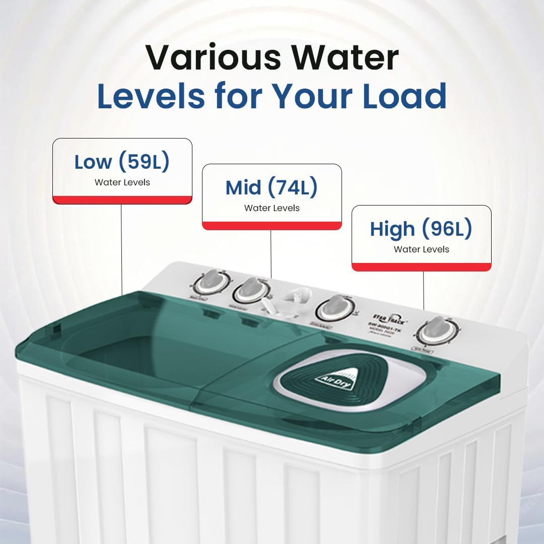 Star Track 9KG Twin Tub Semi-Automatic Washing Machine with Spin Dryer & Transparent Lid – SW-900G1TK (WHITE)