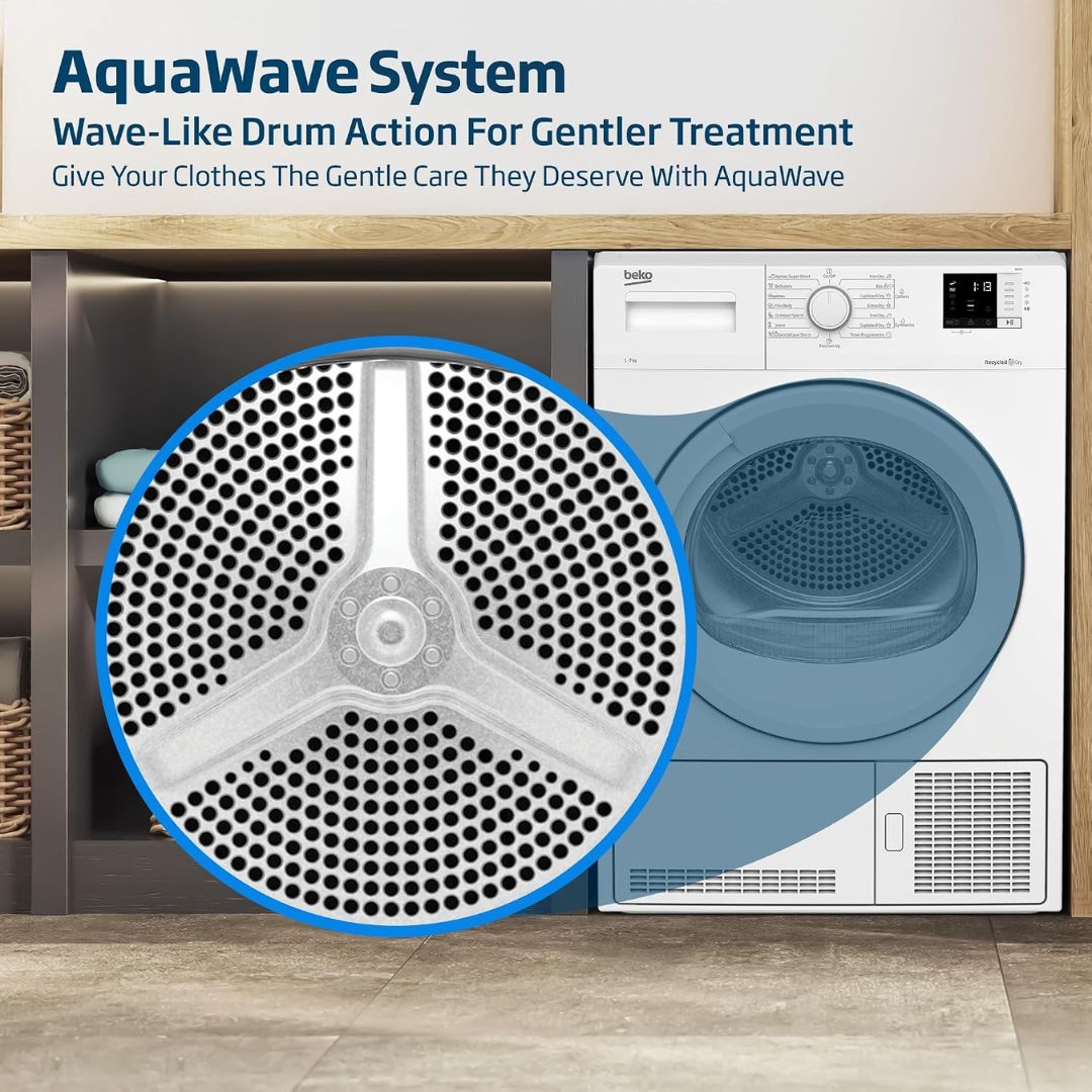 Beko 7kg Condenser Tumble Dryer with 15 Programs, AquaWave Technology & Sensor Drying – DC7W White