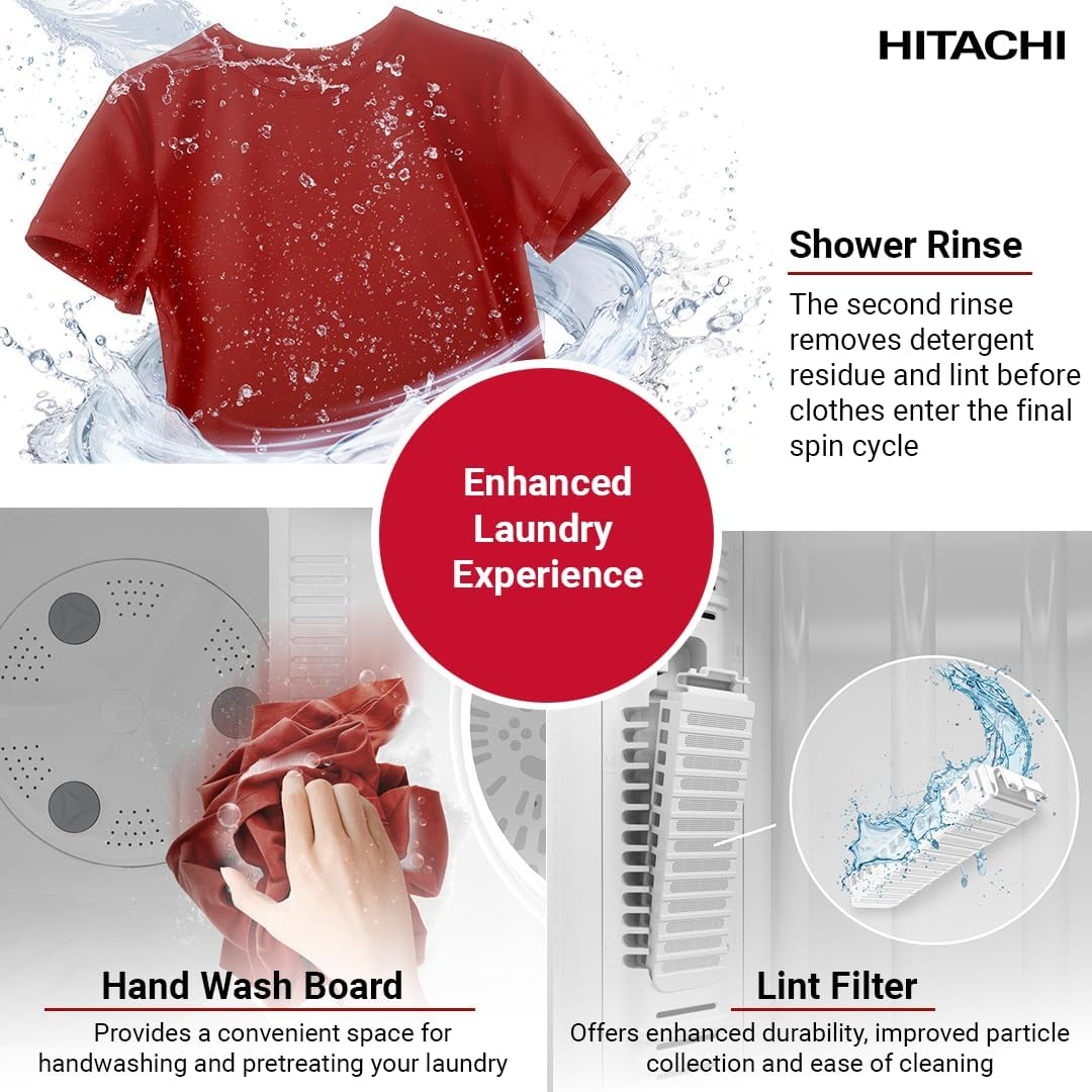 Hitachi 10kg Twin Tub Washing Machine with 8kg Spin Capacity, 1350 RPM, Air Jet Dry & Zen Wave Impeller – LTT H0JWT PFB, Pacific Blue