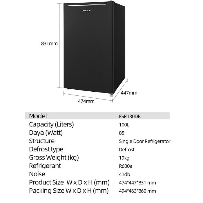 Changhong New Single-Door Refrigerator, 100-Liter Capacity, Black – FSR130DB (Semi Auto-Defrost)