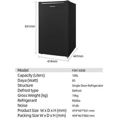 Changhong New Single-Door Refrigerator, 100-Liter Capacity, Black – FSR130DB (Semi Auto-Defrost)