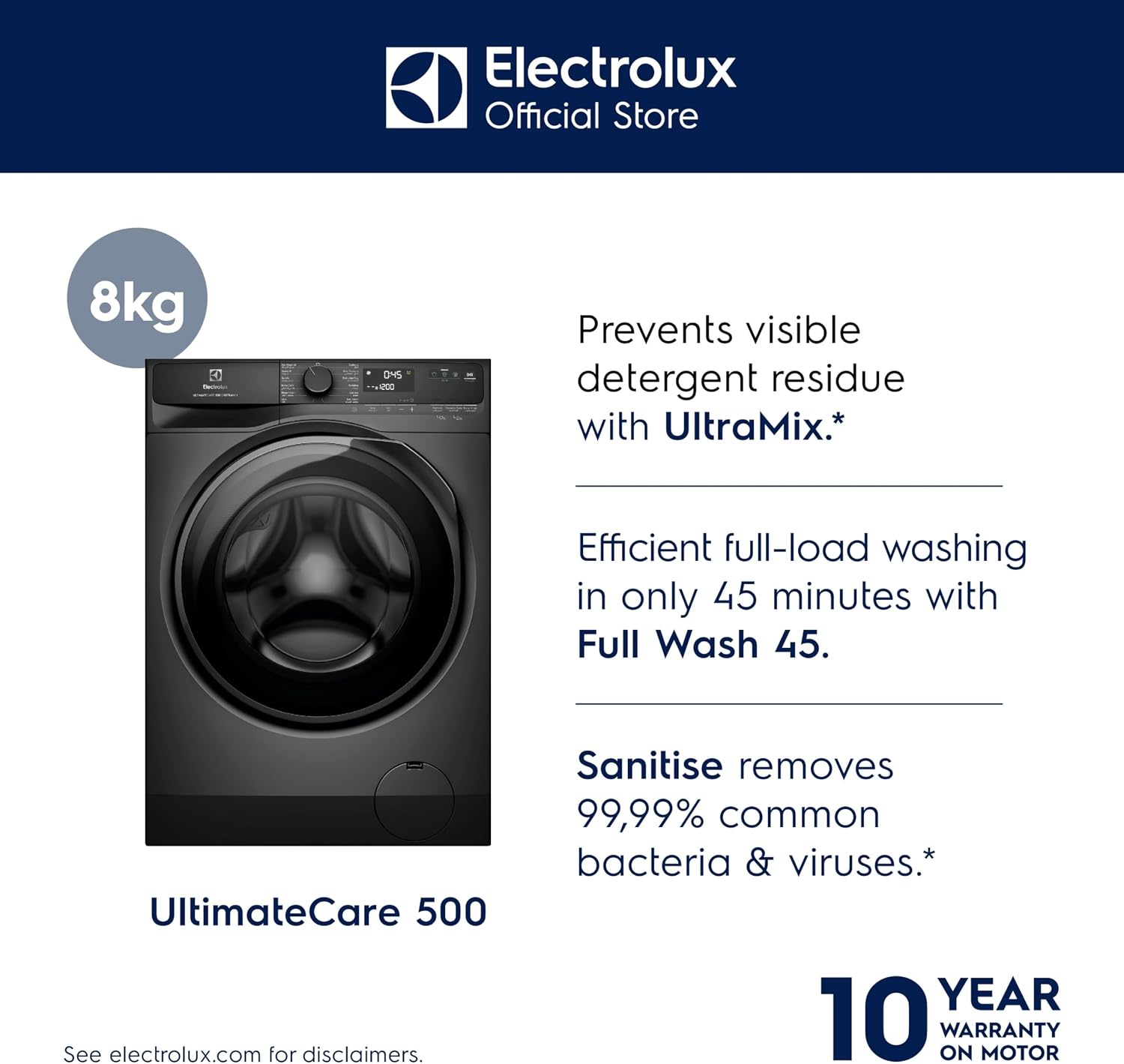 Electrolux 8KG Eco Inverter High Efficiency Motor Front Load Washing Machine, 1200 RPM & 5 Star Rating, 13 Programs includes FULL LOAD 45Minutes WASH, ULTIMATECARE500, EWF8023P5SC