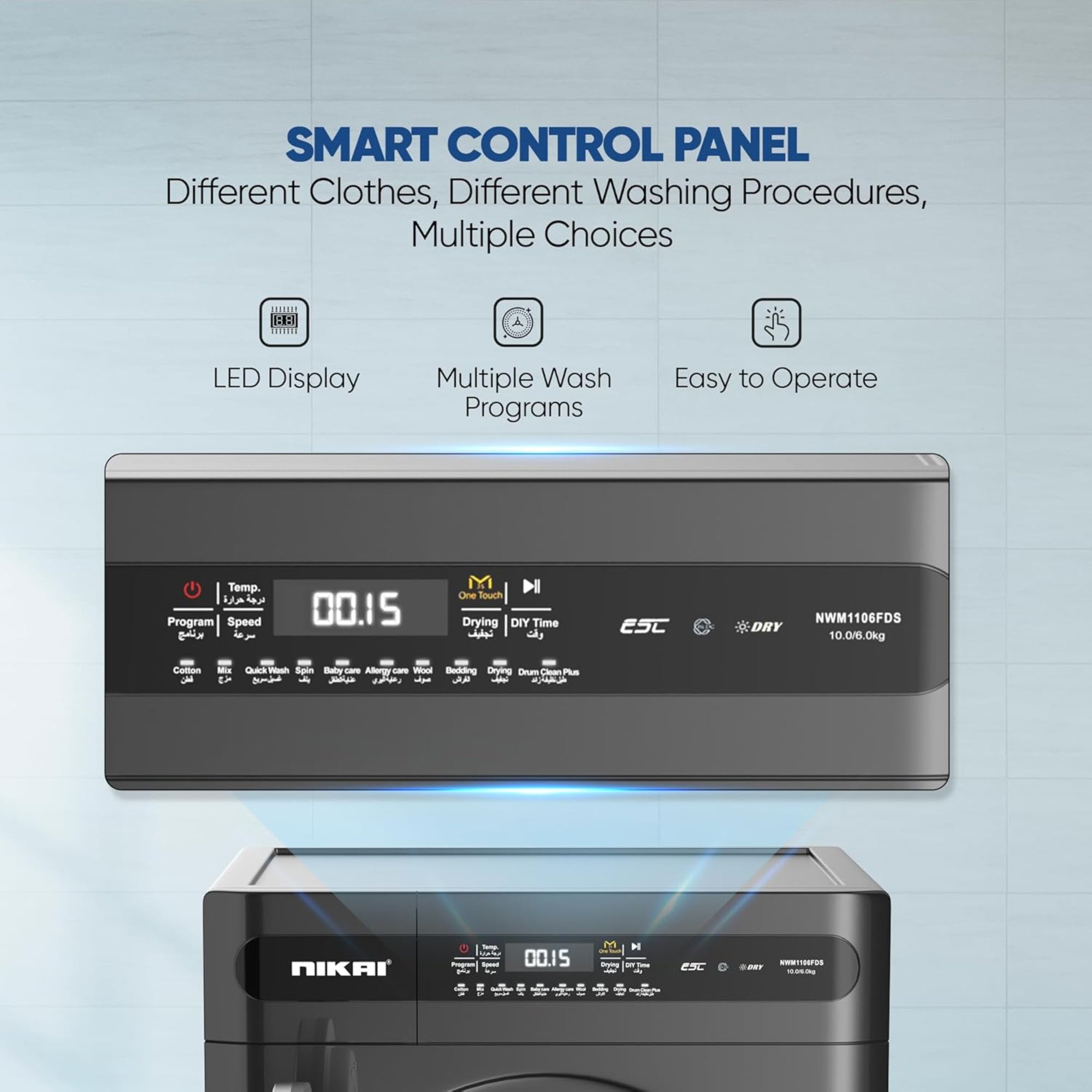 Nikai 10/6 kg Washer Dryer – 1400 RPM BLDC Inverter 18 Programs Touch Control NWM1106FDS