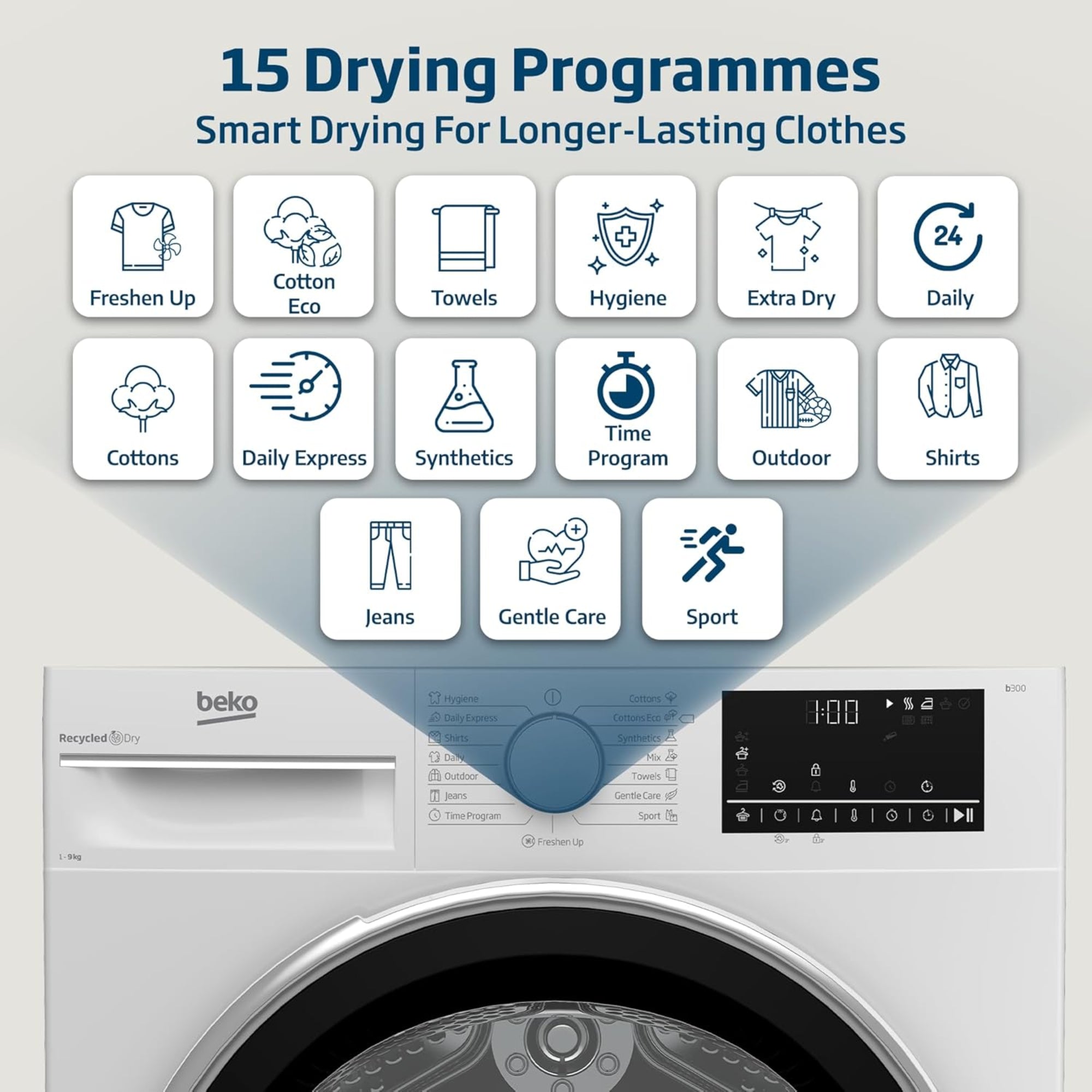 Beko Condenser Tumble Dryer 9 kg – AquaWave Sensor Drying & 15 Programmes DC9W