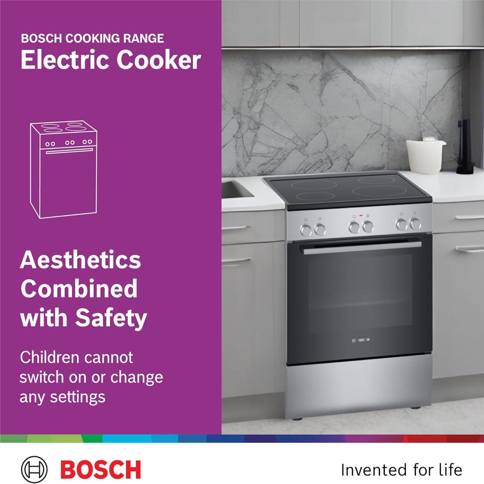 Bosch 60×60cm Freestanding Electric Cooker with 4 Ceramic Zones – 66L Oven 3D HotAir Stainless Steel HKL060070M