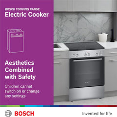 Bosch 60×60cm Freestanding Electric Cooker with 4 Ceramic Zones – 66L Oven 3D HotAir Stainless Steel HKL060070M