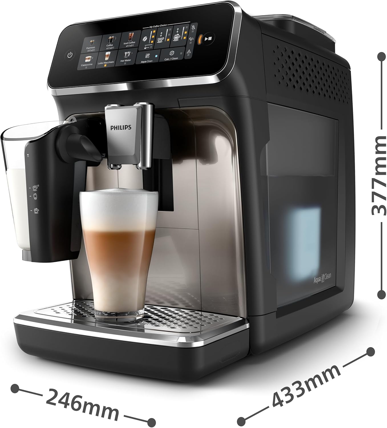 Philips Fully Automatic Coffee Machine Series 3300-6 Beverages, 1.8L Water Capacity, 1500W, LatteGo, SilentBrew, Coloured Touch Display, 12 Grinder Settings, Black Chrome - EP3347/90