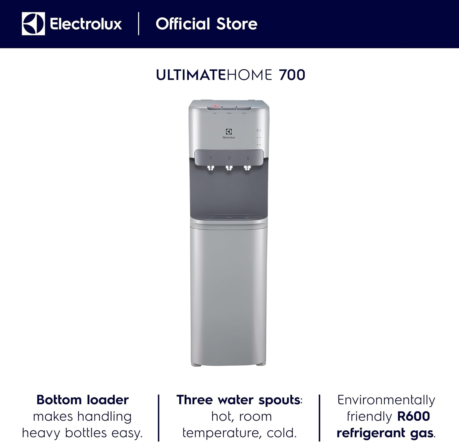 Electrolux Bottom Loading Water Dispenser & Water Cooler, 3 Water Spouts, Hot, Cold & Ambient Temperature, with Child Safety Lock, LED Indicator, Floor Standing, for Home & Office, EDBMFDXSG, Silver