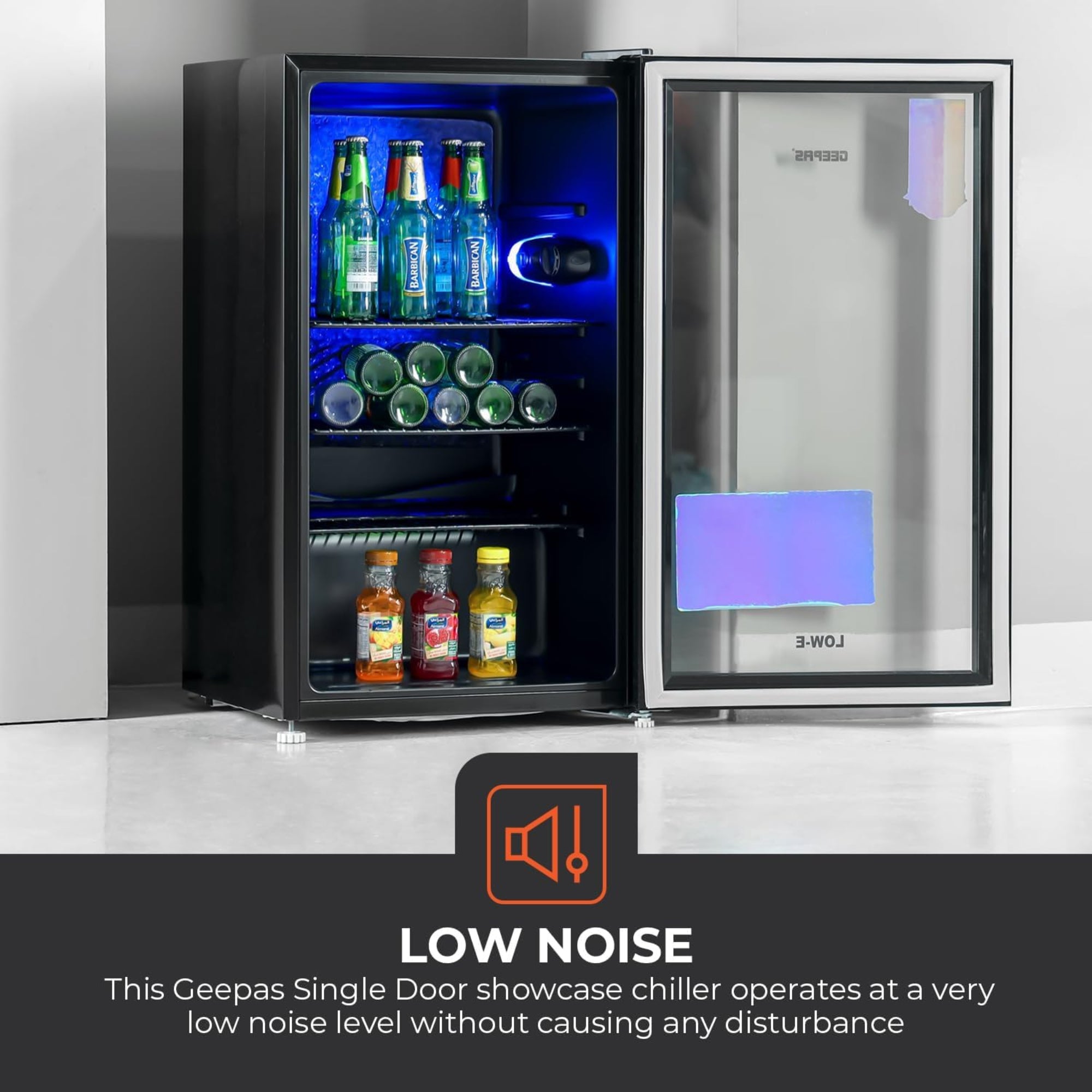 Geepas Showcase Chiller 120L – Quick Cooling Low-E Glass Door & Low Noise GSC1223B