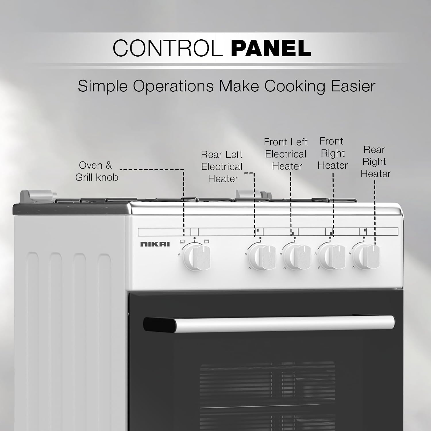 Nikai 50x50cm 4 Burner Freestanding Gas Cooker, Grill Function with Tray & Grid, Glass Lid, Enamel Pan Support Convenient for Cleaning Made in Turkey - U2110N5FS (White)