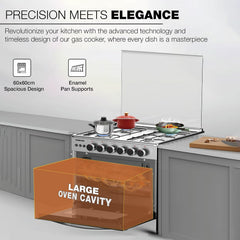 Nikai 60X60cm 4 Burner Full Safety Freestanding Gas Cooker, Auto Ignition, Double Glass Oven Door for Close Door Grilling with Turnspit, Glass Lid & Oven Lamp, St. Steel Finish - U6068FSE1 (Silver)