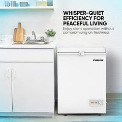 Nikai 150L Gross/100L Net, Single Door Chest Freezer with Storage Basket, High Energy Efficiency Cooling System, Adjustable Temperature, Silent Operation, Ideal for Home & Restaurants - NCF150N7 White