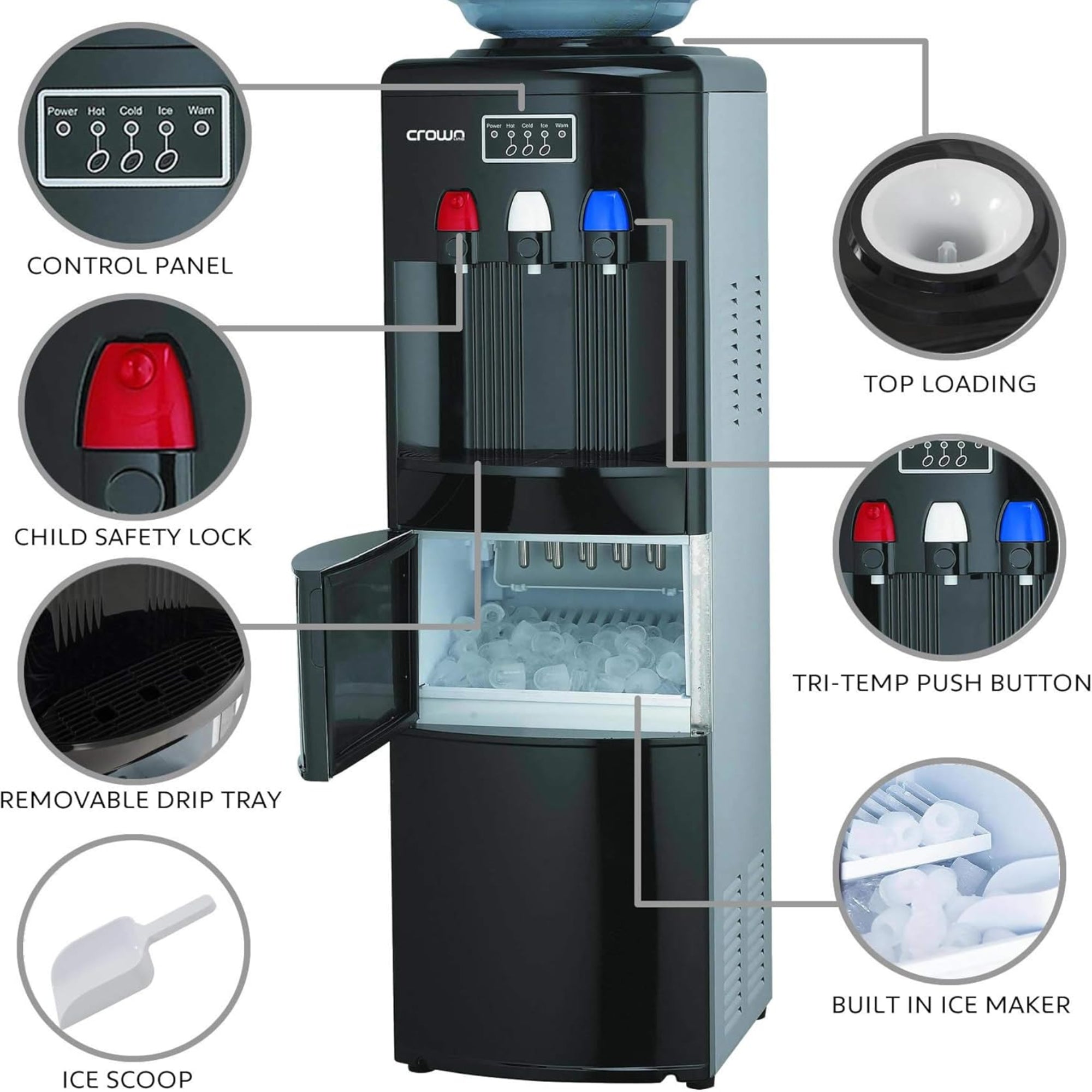 Crownline Top Load Water Dispenser – Ice Maker Hot & Cold 12kg/24h Ice Capacity WD-232 (Black)