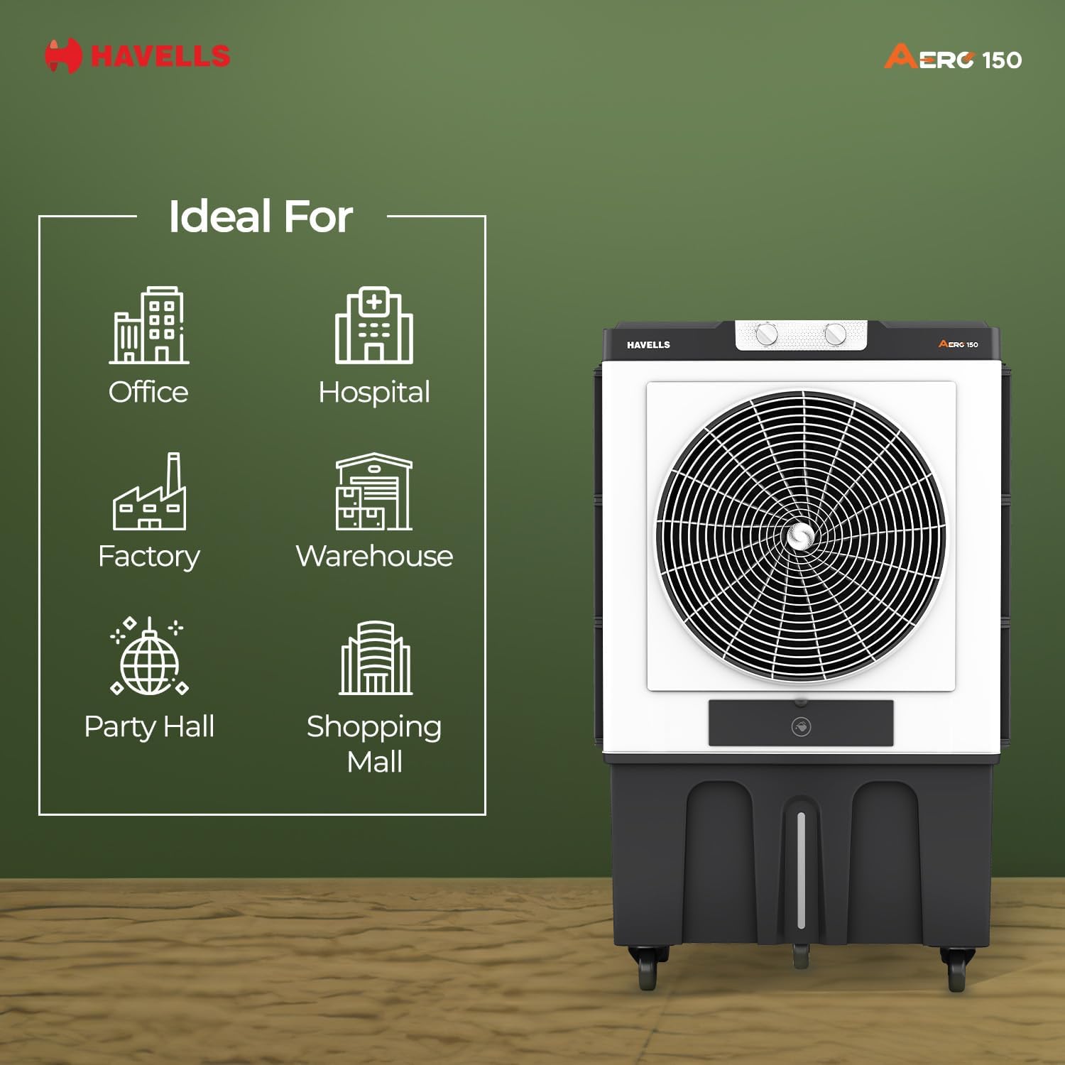 Havells Aero 150 Commercial Air Cooler – 12000m³/h Air Delivery, 4 Leaf Metal Blade Fan, Inverter Compatible, Bacteria Shield Honeycomb Pads, Auto-Fill Technology