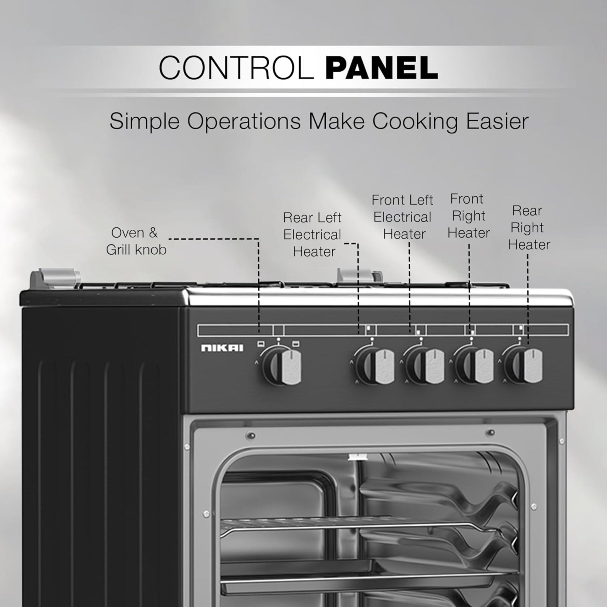 Nikai 50x55 Gas Cooker – 4 Burners Oven & Grill Full Safety Rapid Preheat Free Standing U3110NBFS (Black)