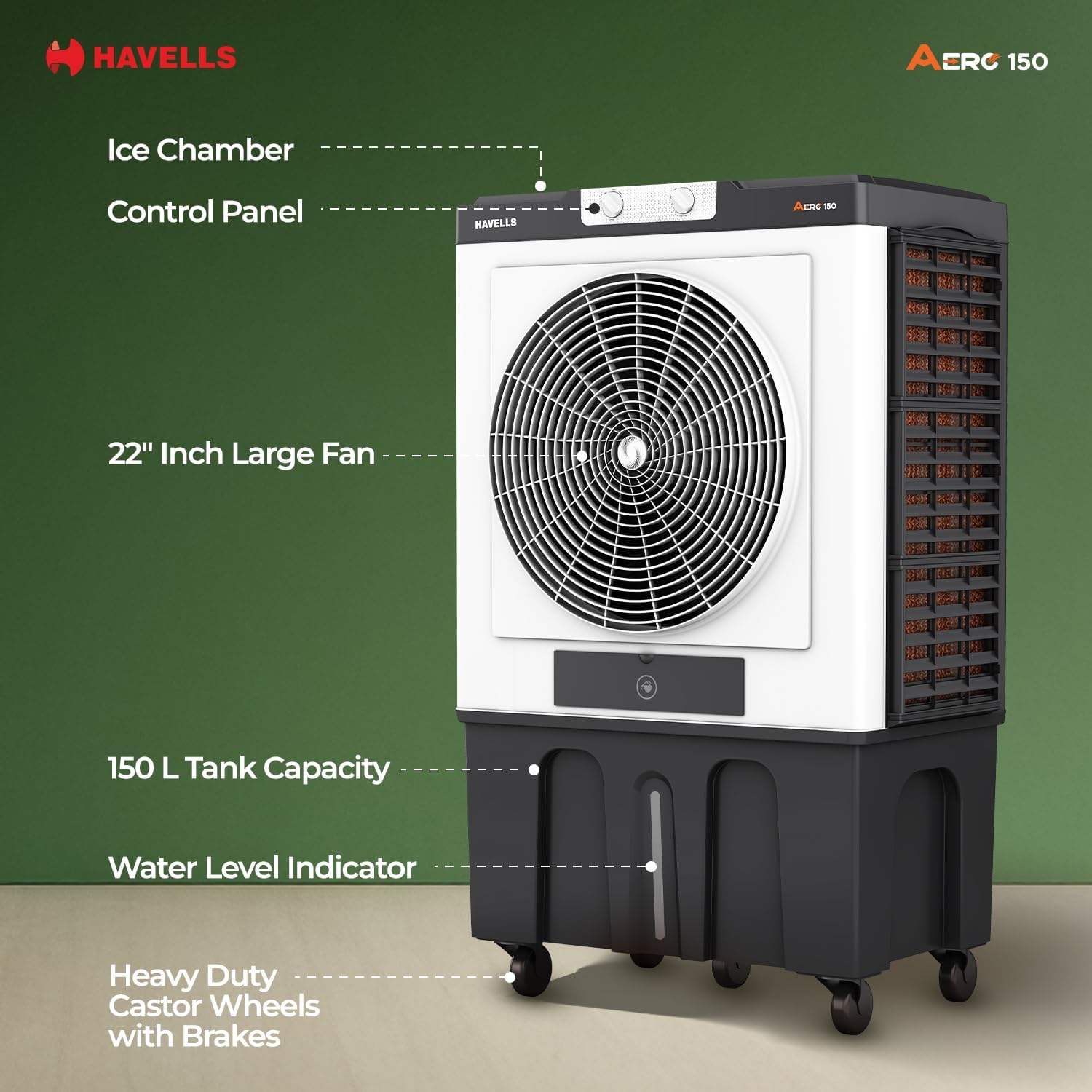 Havells Aero 150 Commercial Air Cooler – 12000m³/h Air Delivery, 4 Leaf Metal Blade Fan, Inverter Compatible, Bacteria Shield Honeycomb Pads, Auto-Fill Technology