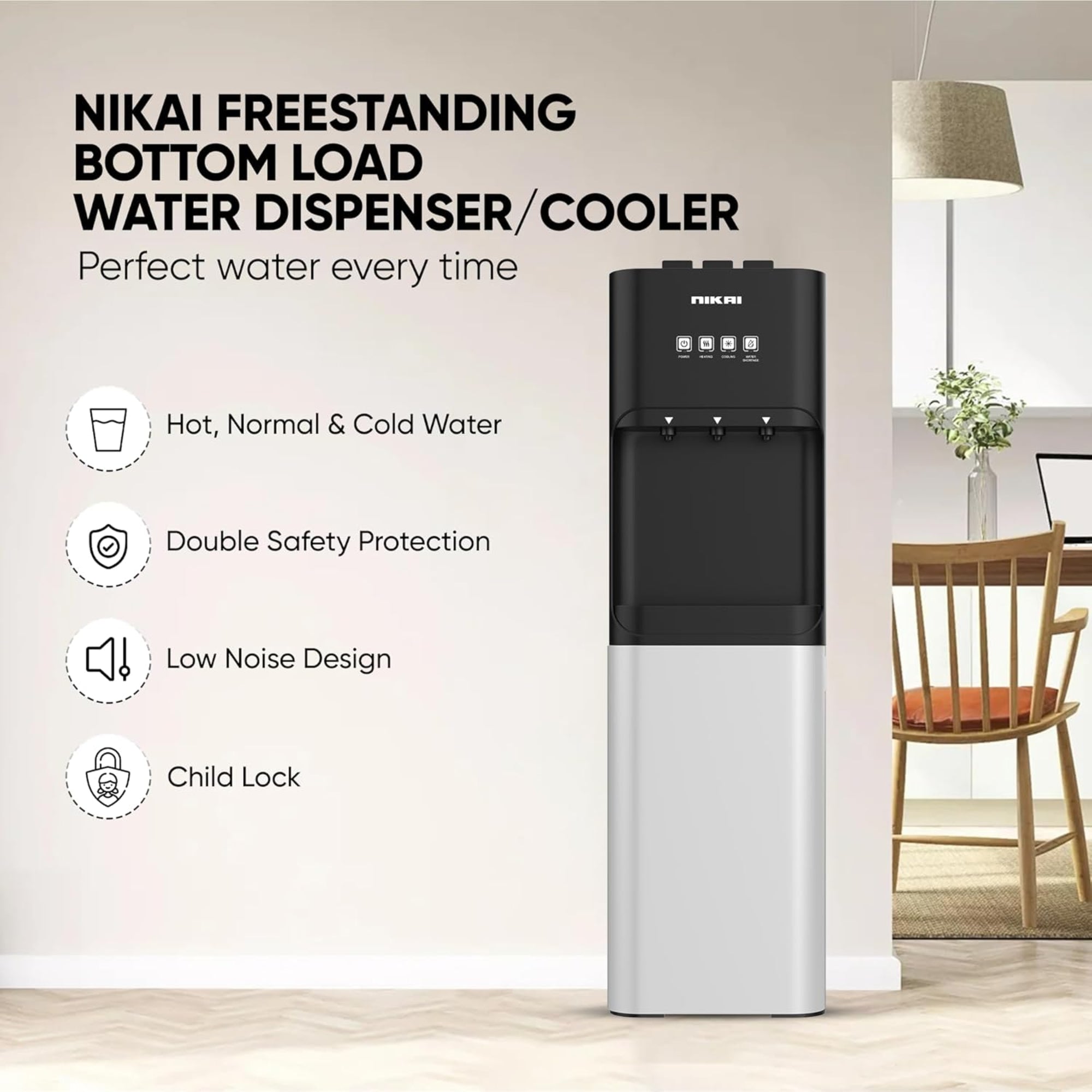 Nikai 3-Tap/Faucet Bottom Loading Water Dispenser – Instant Hot/Cold/Room Temperature, Child Safety Lock, Stainless Steel Reservoir, Suitable for Home and Office, Silver/Black – NWD4000BS