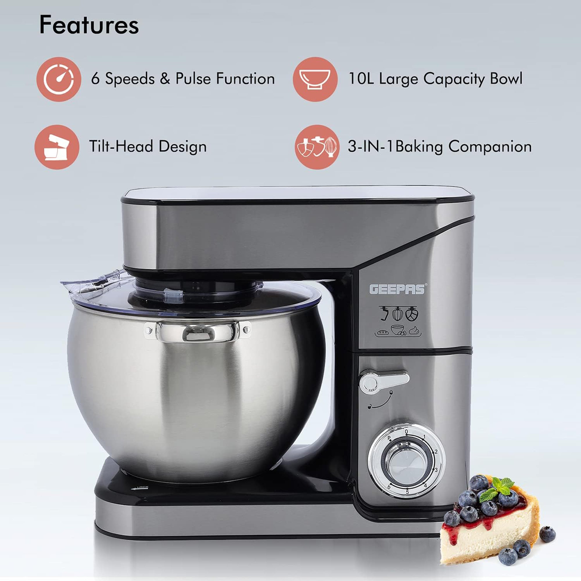 Geepas Stand Mixer 2000W 10L Stainless Steel Bowl 6 Speed Pulse Tilt Head GSM43041