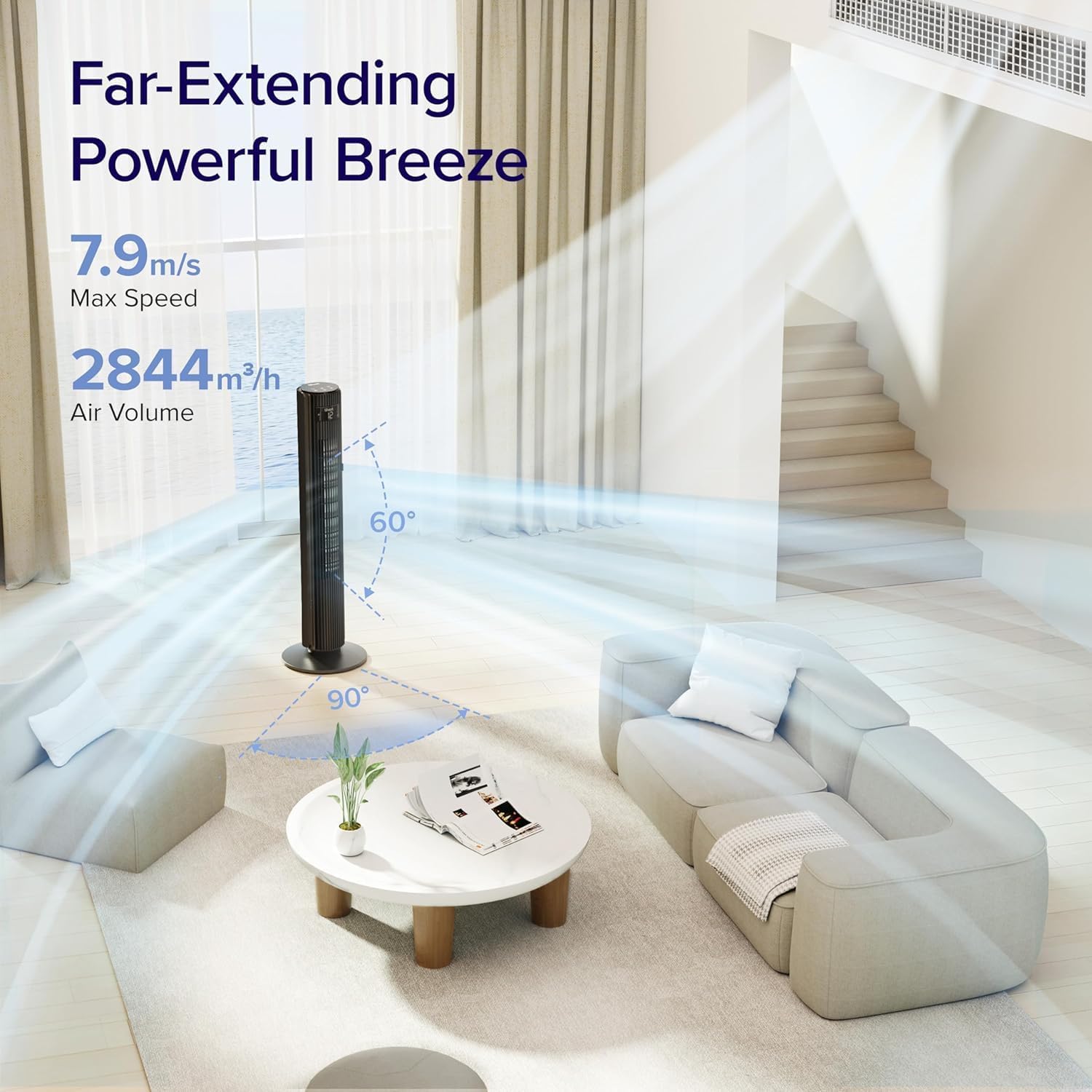 LEVOIT Smart Control 25dB Silent Tower Fan 42Inch, 7.9m/s Powerful Electric Coolness Fan for Bedroom, DC Motor, 90° Oscillating and 60° Up and Down, Voice Control 4 Modes 12 Speeds 【2-Years Warranty】