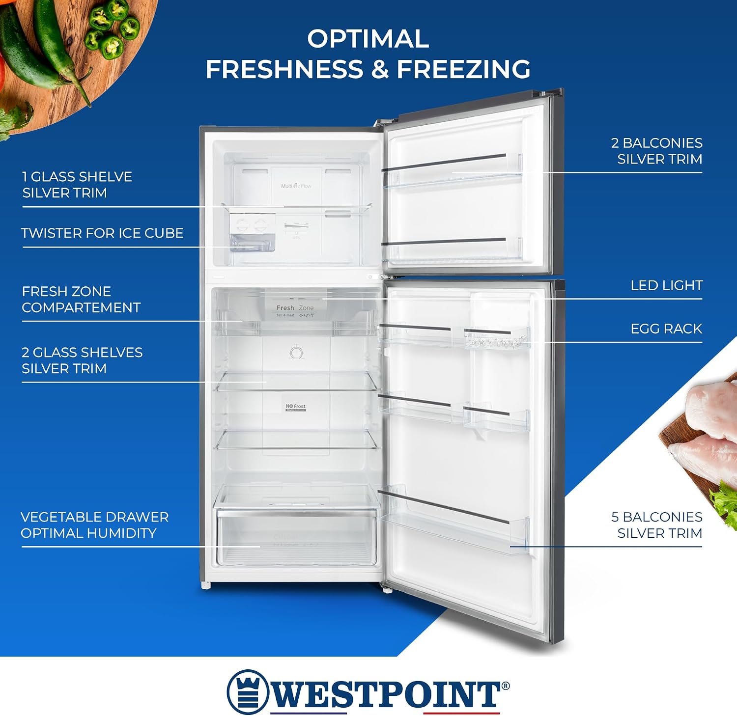 Westpoint 500 Liters Double Door Refrigerator,No-Frost, INVERTER COMPRESSOR, Vegetable Drawers, Fresh Zone Compartment, Twister for Ice Cubes, LOCK & KEY Silver WNN-5019EIV