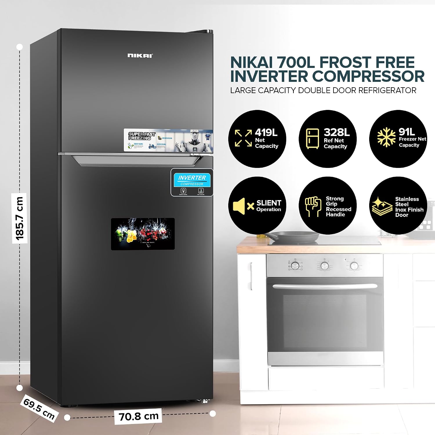 Nikai 700L Gross & 466L Net Double Door No Frost Top Mount Refrigerator, Digital Display, Silent & Energy Efficient, Inverter Compressor Big Fridge, Frost-Free, Best for Home & Kitchen - NRF701FSSINV
