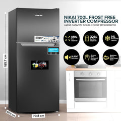 Nikai 700L Gross & 466L Net Double Door No Frost Top Mount Refrigerator, Digital Display, Silent & Energy Efficient, Inverter Compressor Big Fridge, Frost-Free, Best for Home & Kitchen - NRF701FSSINV