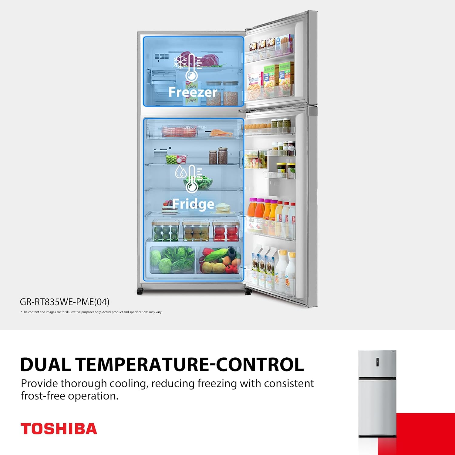 Toshiba 611L Top Mount Refrigerator, Inverter, Pure Air, Ultra Fresh Chiller, No Frost, Twist Ice Maker (Stainless Steel) – GR-RT835WE-PME