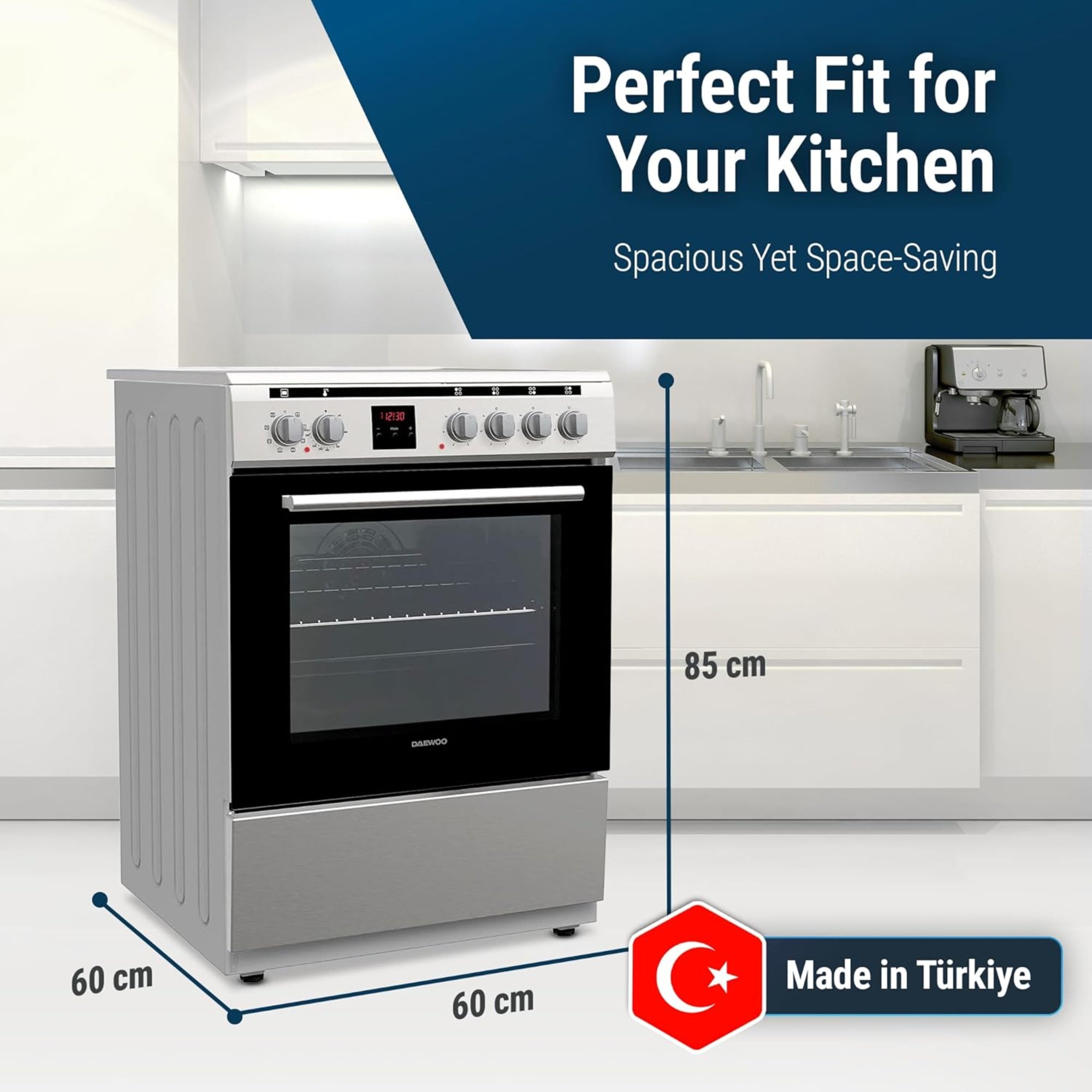 Daewoo Freestanding Ceramic Electric Cooker 60×60cm  – 4 Zones Convection Oven Stainless Steel DCC-S664HF