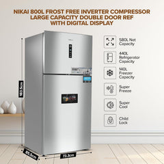 Nikai 800L Gross & 580L Net Double Door No Frost Top Mount Refrigerator, Digital Display, Silent & Energy Efficient, Inverter Compressor Big Fridge, Frost-Free, Best for Home & Kitchen - NRF801FSSINV