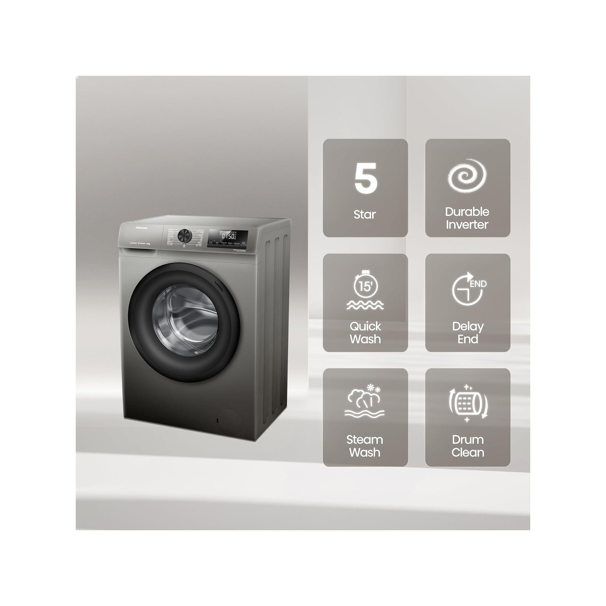 Hisense Front Load Washing Machine 8 kg – Inverter Motor 1200 RPM & 15 Wash Programs WFQP8012T