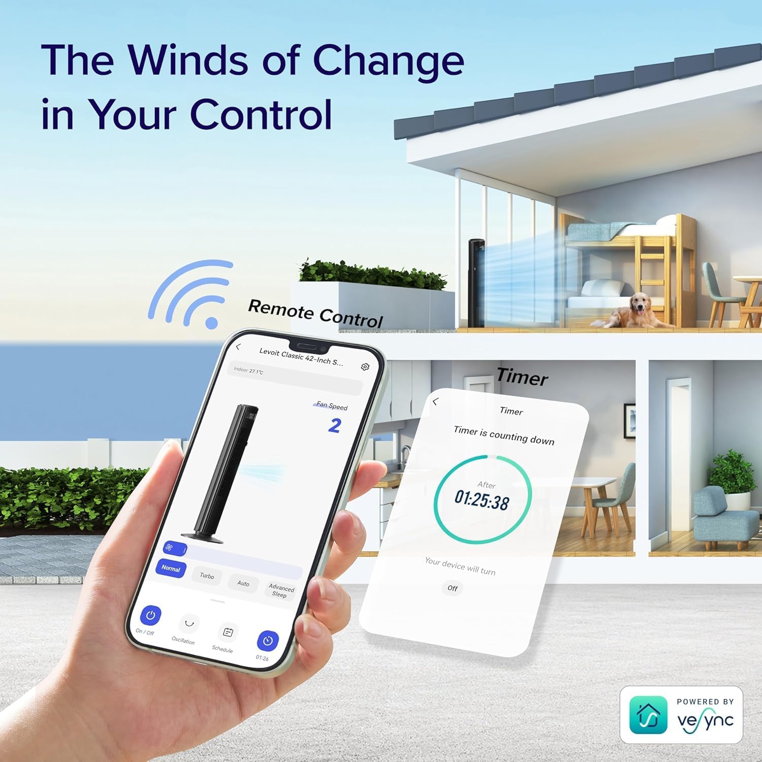 LEVOIT Smart Control 25dB Silent Tower Fan 42Inch, 7.9m/s Powerful Electric Coolness Fan for Bedroom, DC Motor, 90° Oscillating and 60° Up and Down, Voice Control 4 Modes 12 Speeds 【2-Years Warranty】