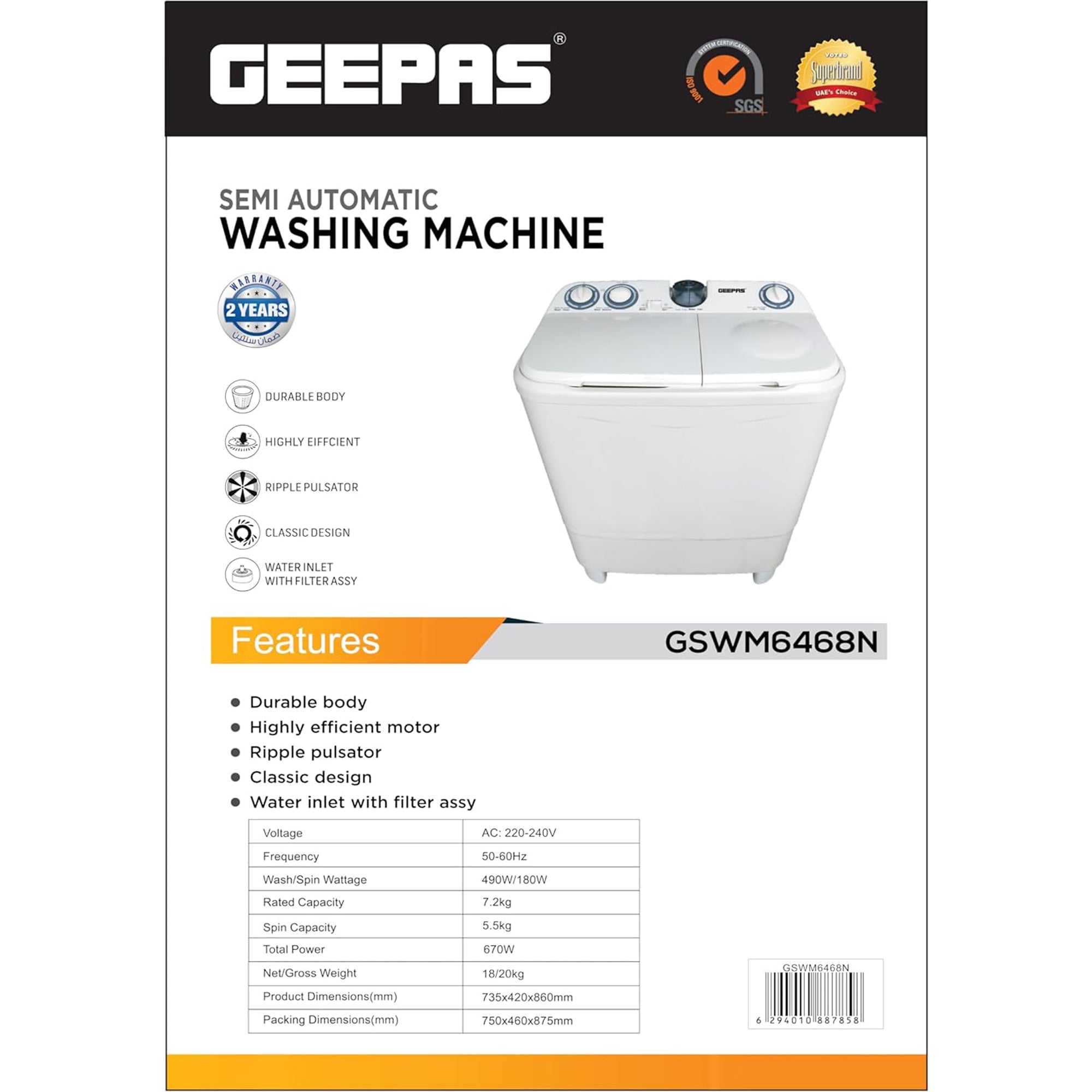 Geepas Twin Tub Washing Machine 7.2KG – Semi Automatic Ripple Pulsator Spin Dry GSWM6468