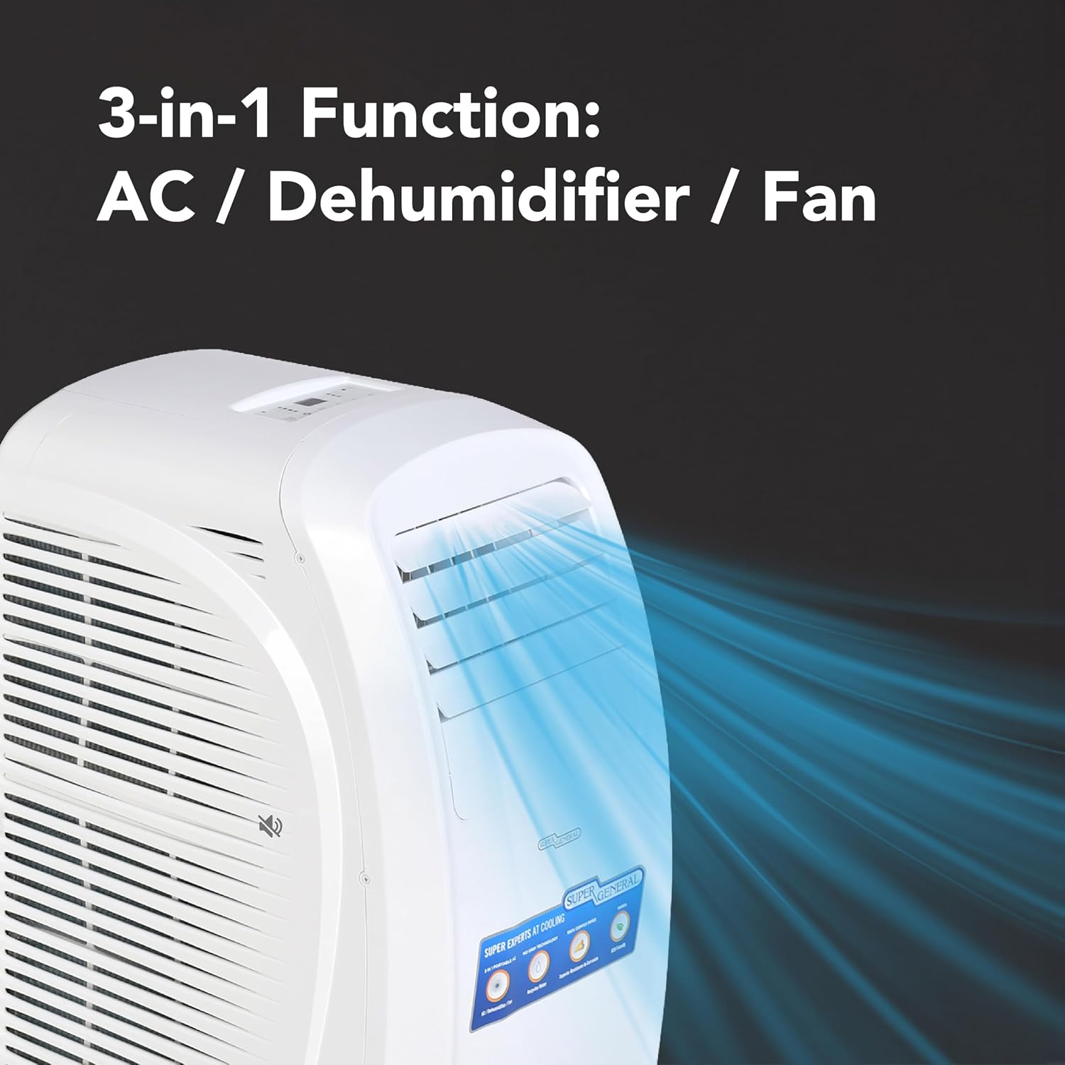 Super General 2 Ton Portable Air Conditioner SGP204T3, 3-in-1 AC-Dehumidifier-Fan, 20000 BTU, Low noise, 3 Fan speeds, No drip technology, Sleep Mode, 24 Hour Timer, 36.5(w)x56.8(D)x77.5(H) cm, White