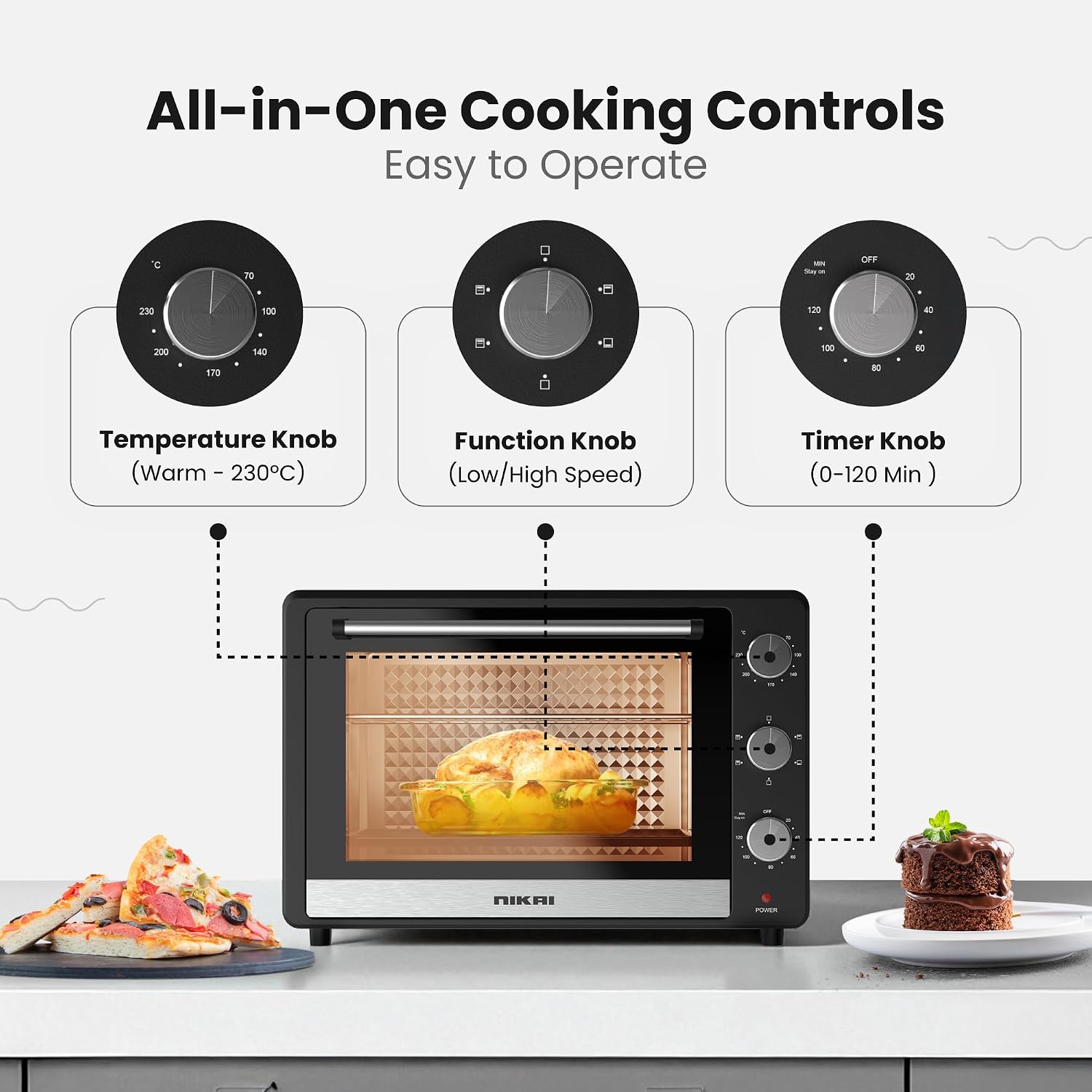 Nikai 46L Electric Oven, 1800W Power, Adjustable Temperature, 7 Heating Stages, 60-Min Timer with Bell Ring, Indicator Light, Keep Warm Function, High-Efficiency Heating, Accessories Included -NT655N2
