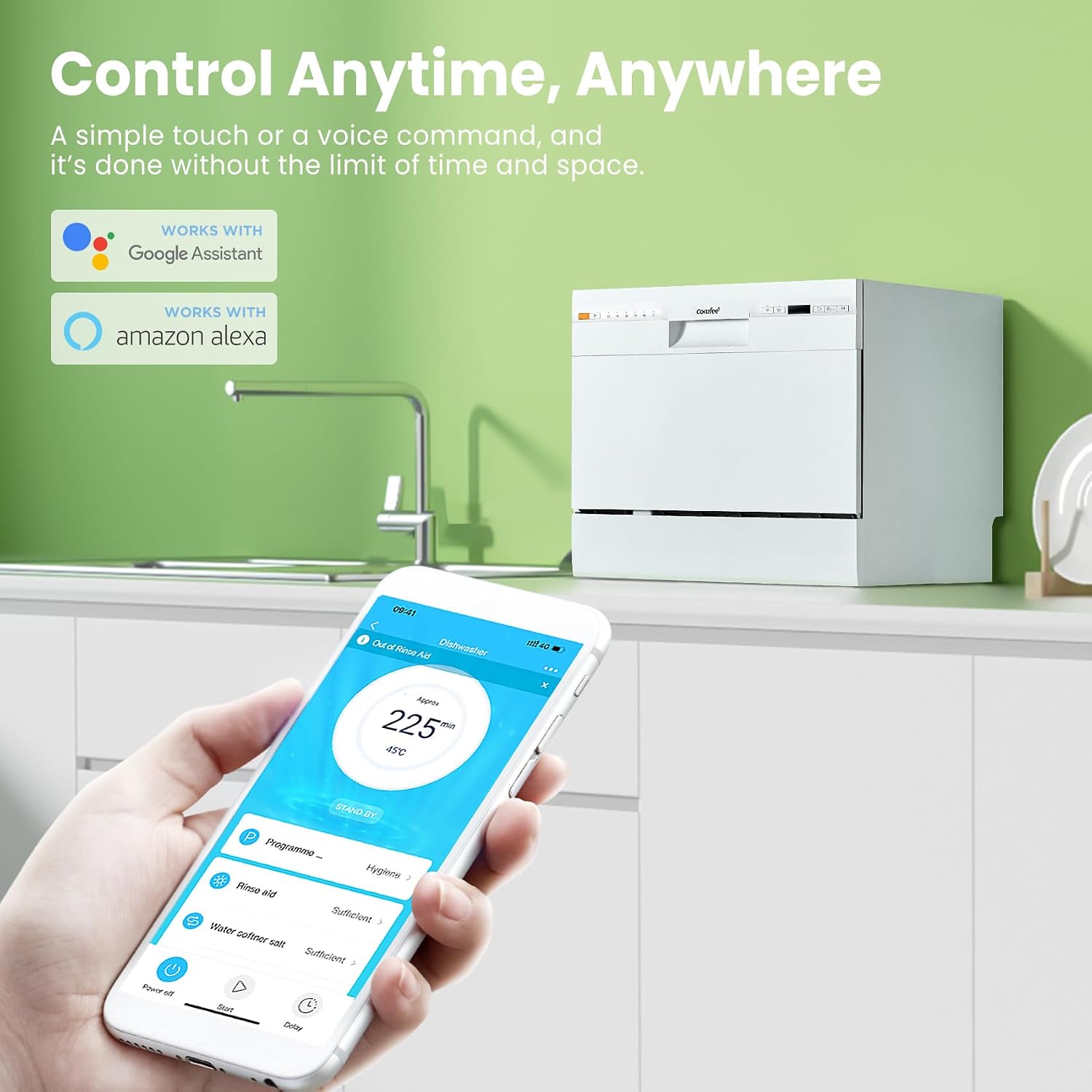 COMFEE' Dishwasher 6 Places with 7 Programe Super Quiet Rapid Wash ECO 70 C°Hygiene Wash, Flexible Installation Wi-Fi Function APP Control- White