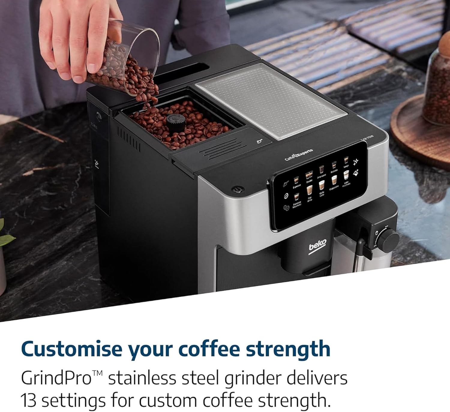 Beko Fully Automatic Coffee Machine with 19 Bar, 2L Water Capacity, 1350W, 12 Hot & Iced Beverages, Touch Display, 600ml Milk Container, Twin Shot, 13 Grinder Settings, Stainless Steel- CEG7304X