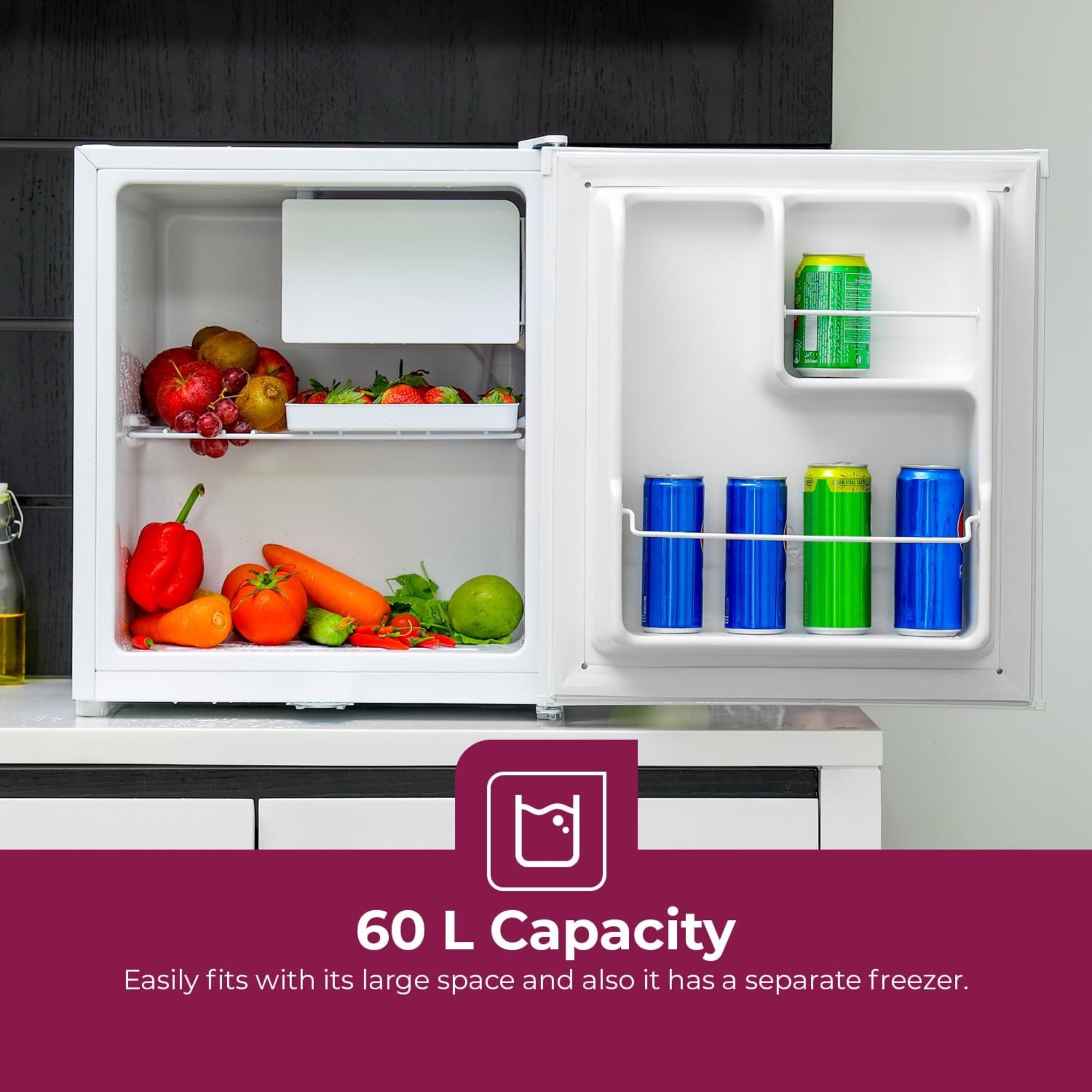 Geepas Mini Refrigerator 60L – Compact Design Adjustable Thermostat & Door Lock GRF654WPEN