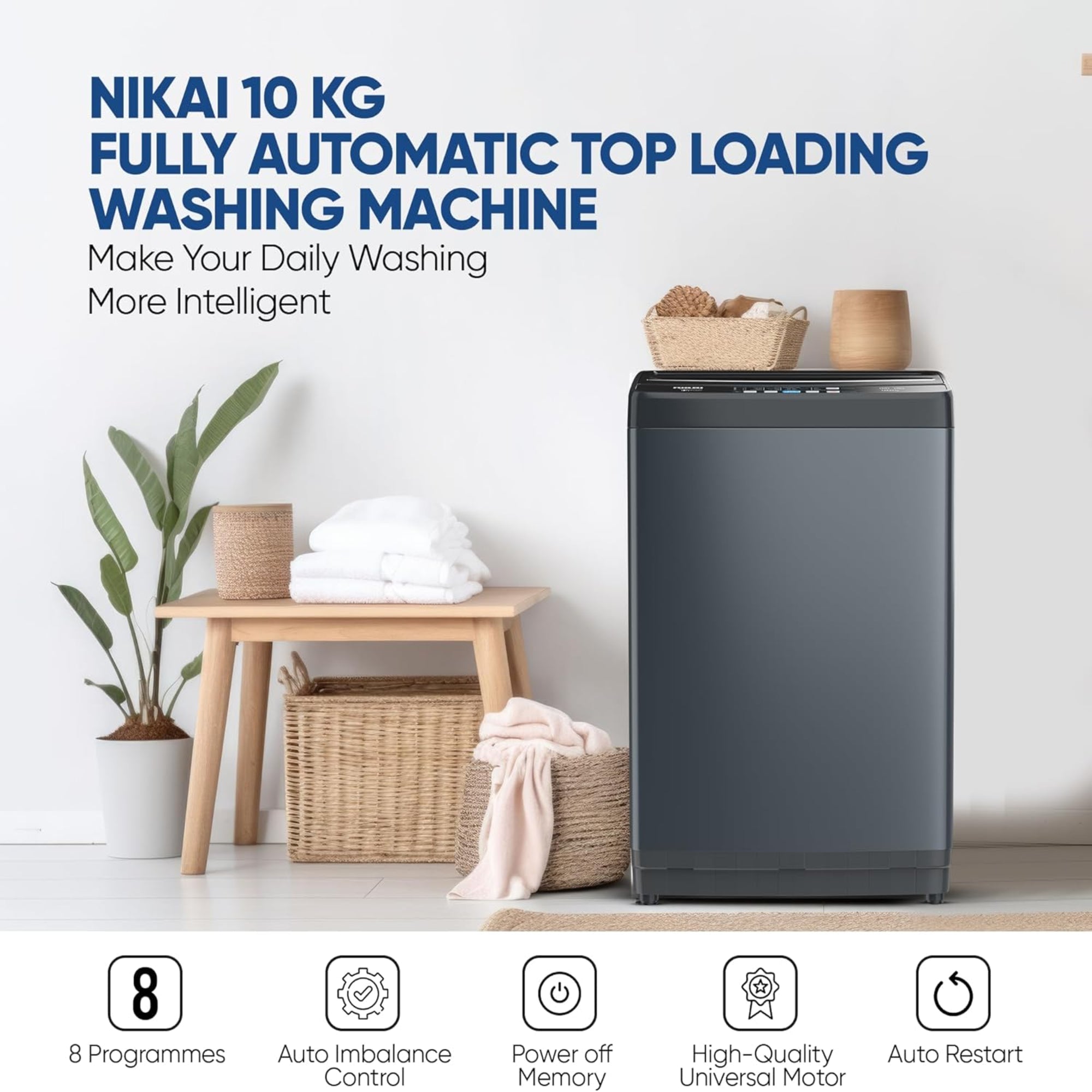 Nikai Top Load Washing Machine 10KG  – Fully Automatic Quick Wash Child Lock NWM1000TQB