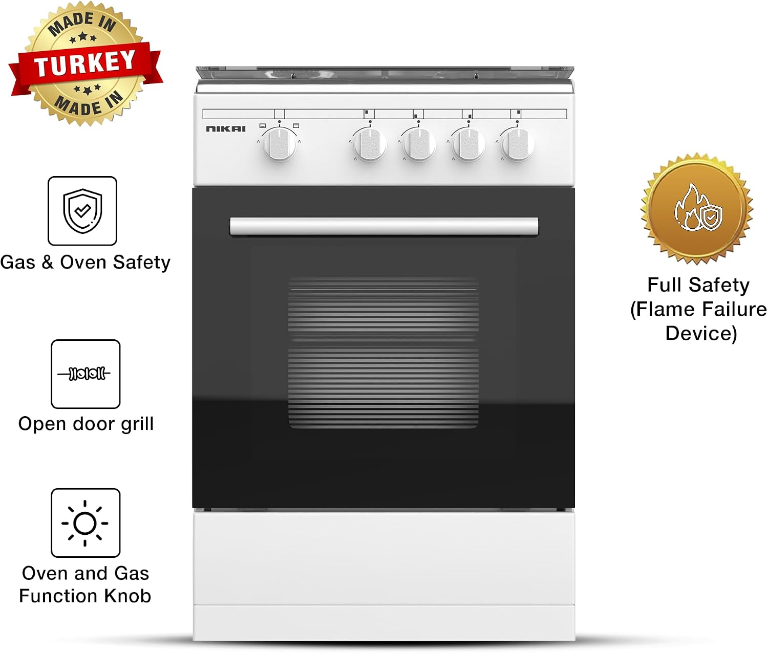 Nikai 50x50cm 4 Burner Freestanding Gas Cooker, Grill Function with Tray & Grid, Glass Lid, Enamel Pan Support Convenient for Cleaning Made in Turkey - U2110N5FS (White)