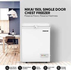 Nikai 150L Gross/100L Net, Single Door Chest Freezer with Storage Basket, High Energy Efficiency Cooling System, Adjustable Temperature, Silent Operation, Ideal for Home & Restaurants - NCF150N7 White